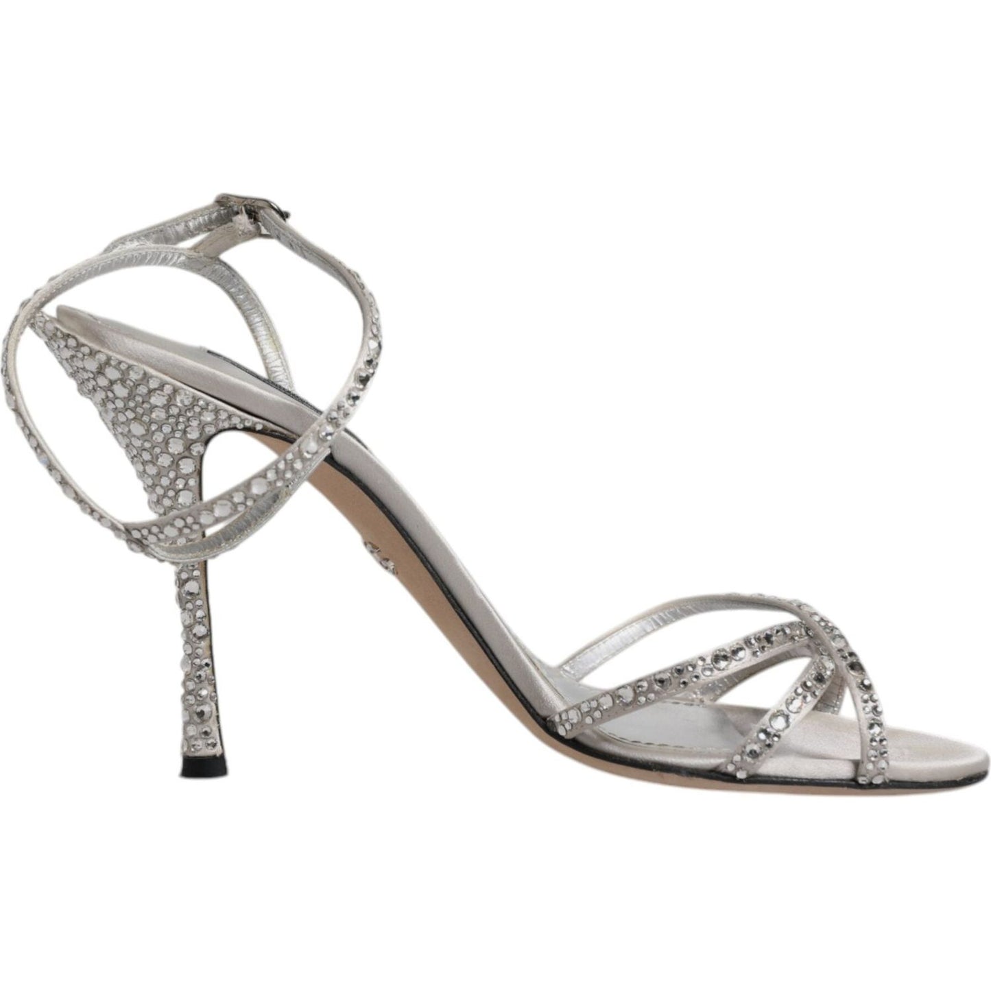 Dolce & Gabbana silver crystal embellished ankle strap sandals, high heel, logo details, made in Italy, luxury leather sole.