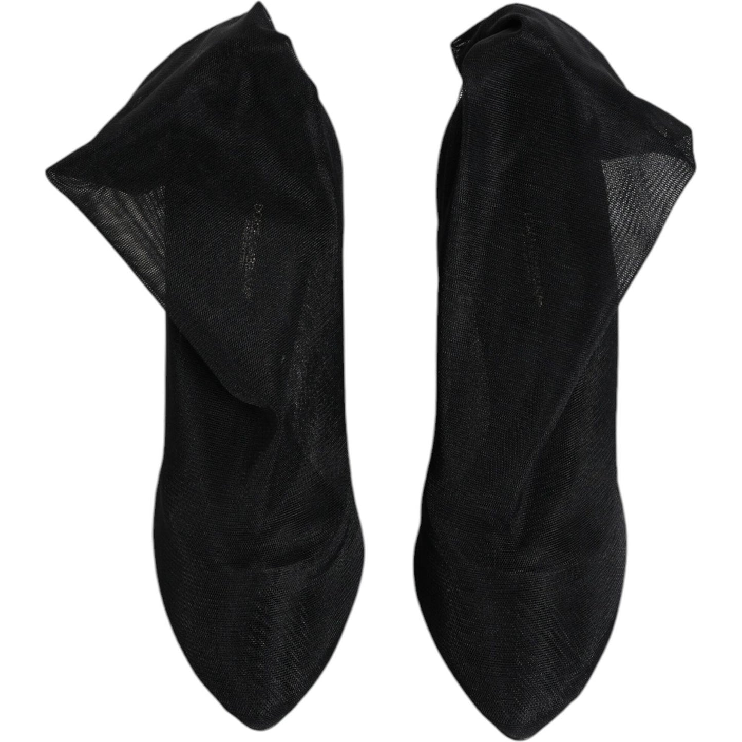 Dolce & Gabbana black silk stretch mesh sock boots with minor defect, featuring logo details and leather sole, designed for high comfort.