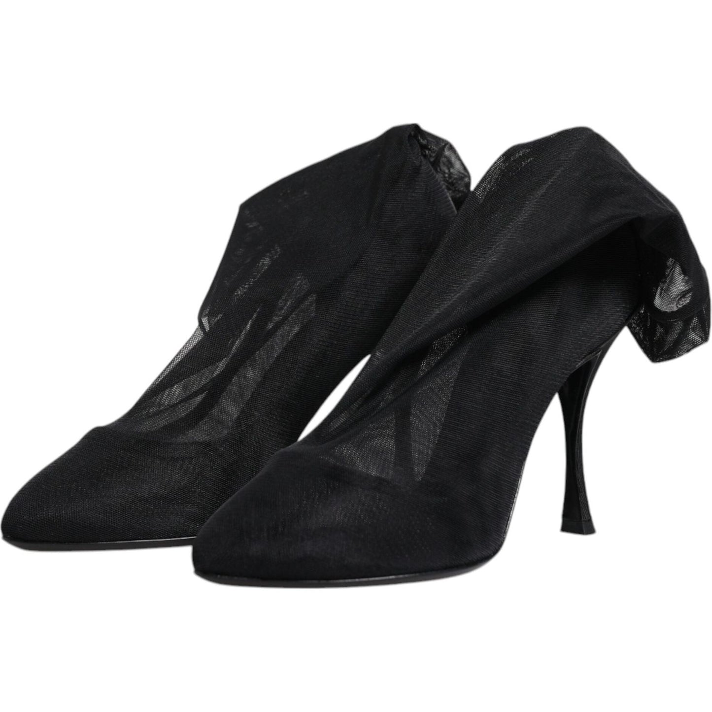 Dolce & Gabbana black silk stretch mesh sock boots with high heels, showing elegant and stylish design, made in Italy.