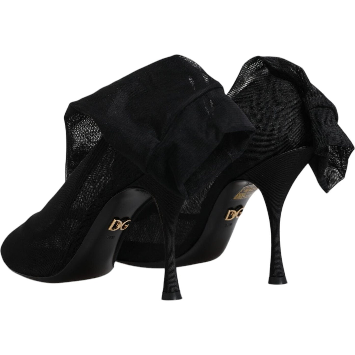 Dolce & Gabbana black silk stretch mesh sock boots with leather sole and logo, elegant high heels, minor scratches visible on right shoe
