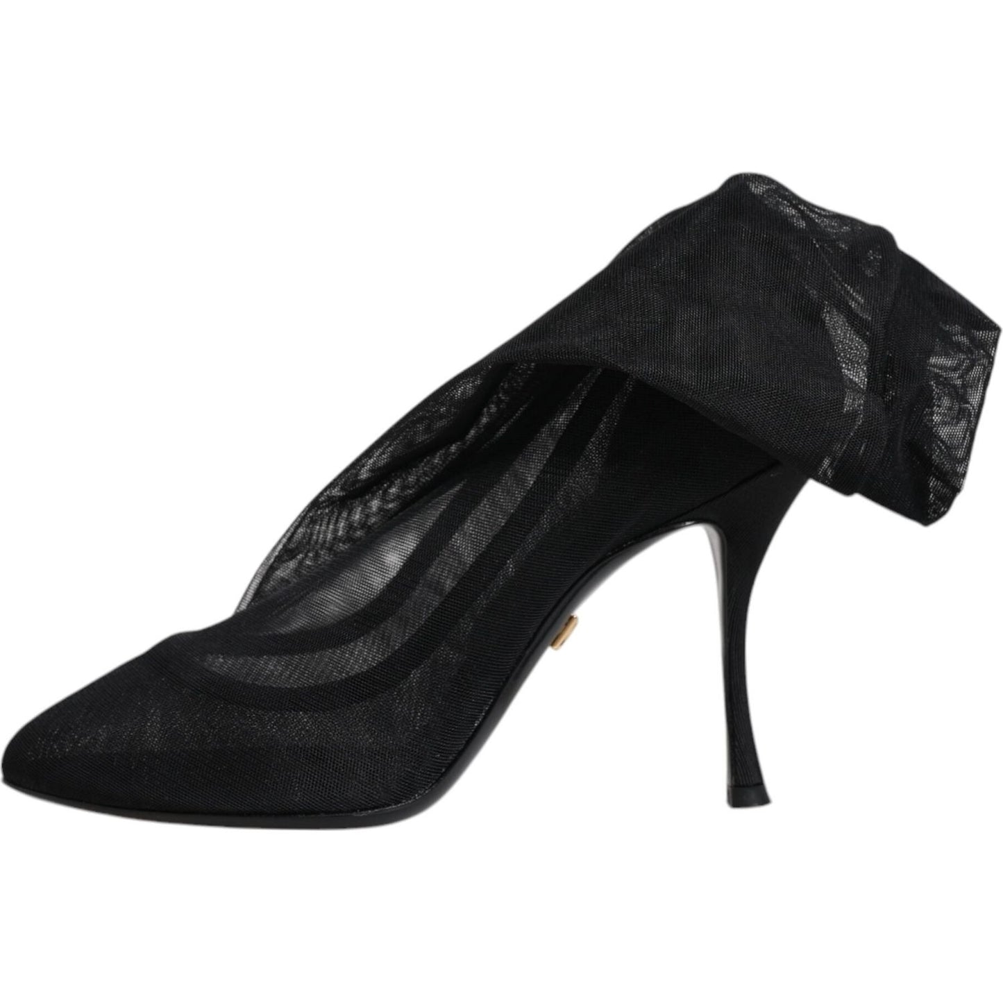 Dolce & Gabbana black silk stretch mesh sock boots with high heel, logo detail, and minor right shoe scratches.