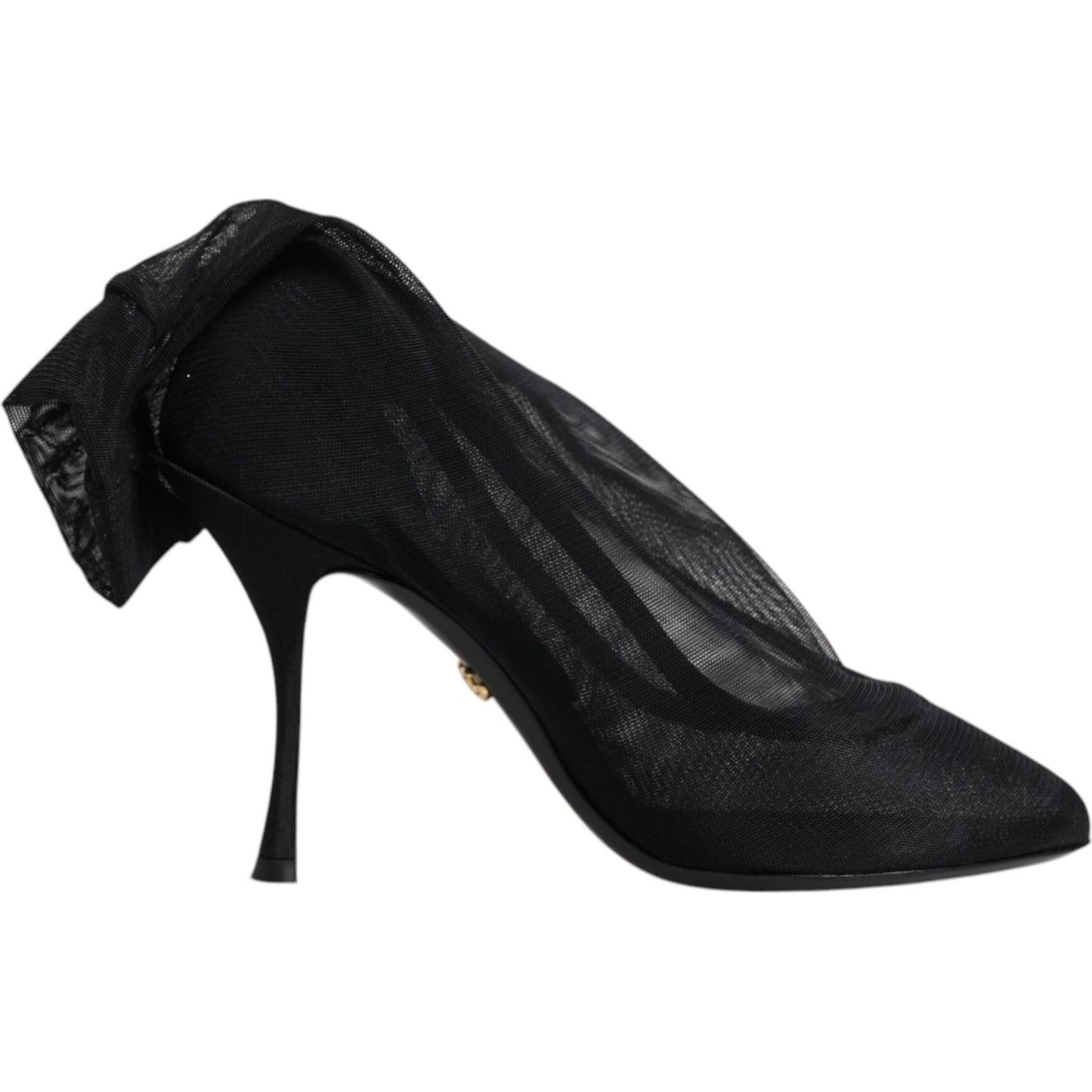 Dolce & Gabbana black silk stretch mesh sock boots with leather sole, featuring logo details and minor scratches, side view.