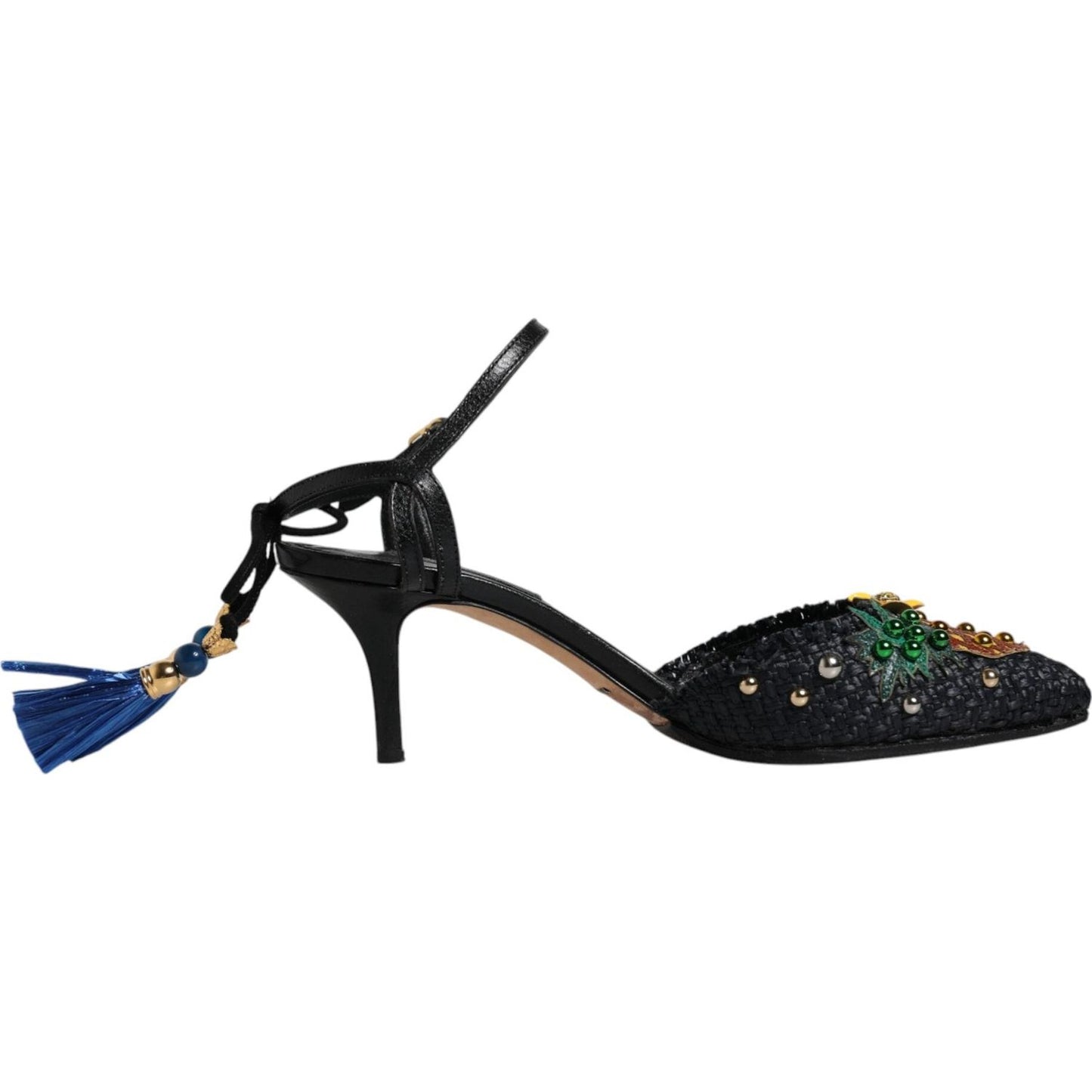 Dolce & Gabbana Black Pineapple Bellucci Heels, embellished leather sandals with buckle, preowned, high-quality Italian craftsmanship.