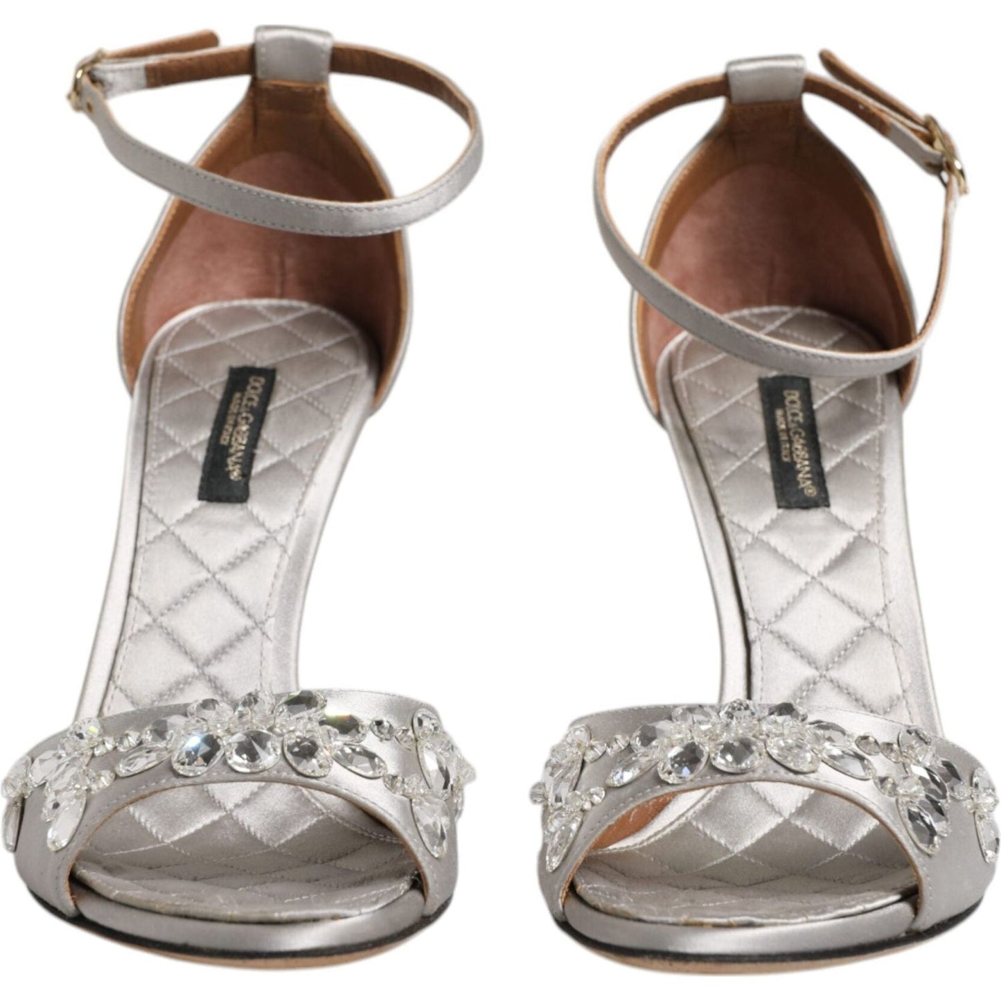 Dolce & Gabbana silver ankle strap sandals with crystal embellishments, preowned, high-quality Italian design, logo details