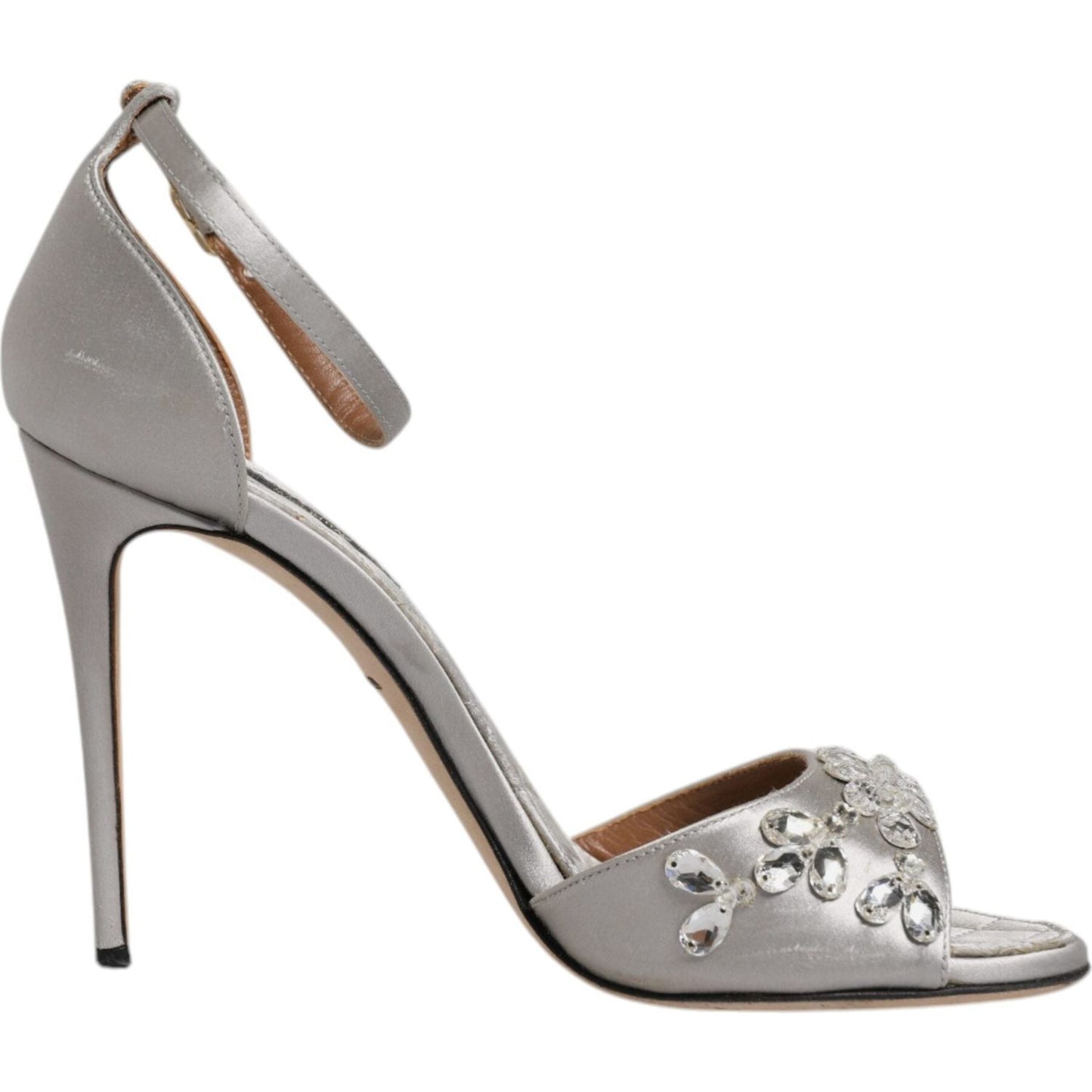 Dolce & Gabbana silver ankle strap sandals with crystal embellishments and leather sole, preowned luxury heels made in Italy