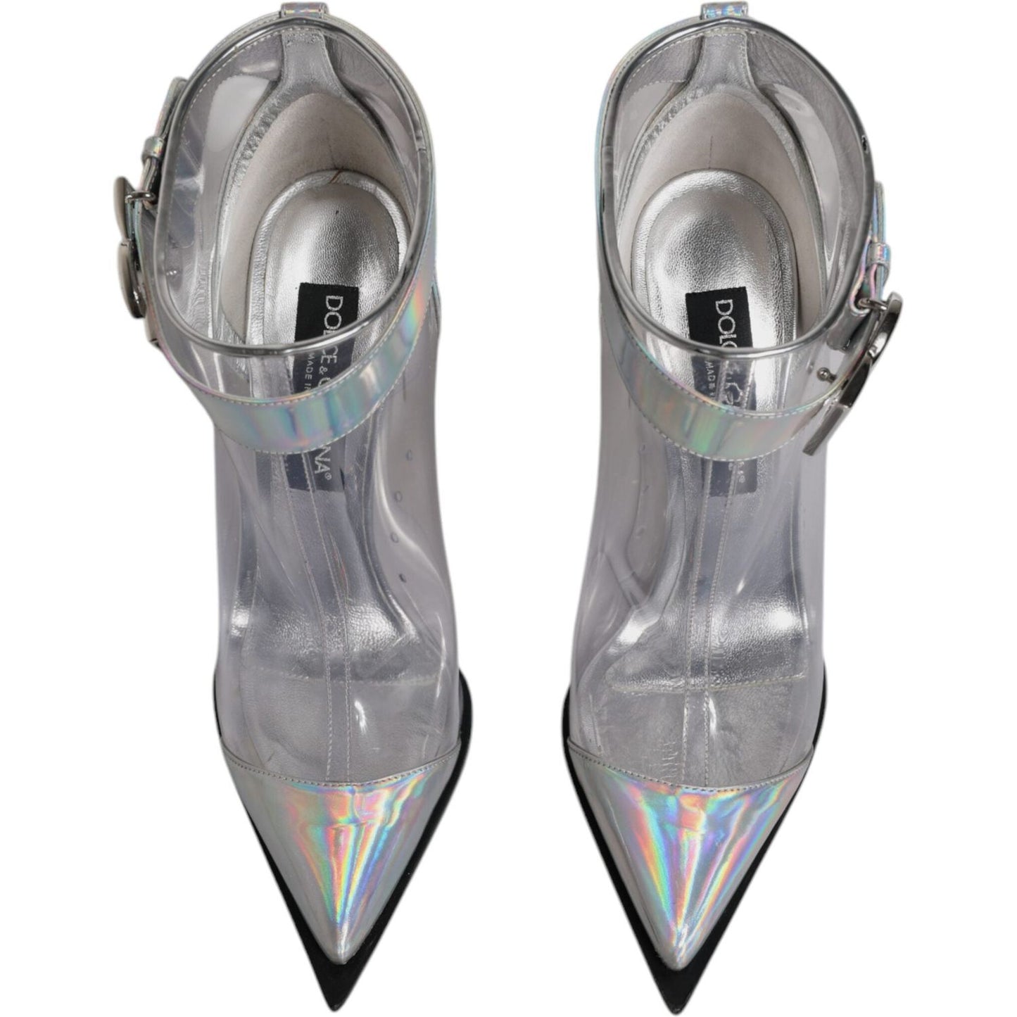 Dolce & Gabbana silver iridescent pointed short boots with buckle closure and logo details, preowned with tags.