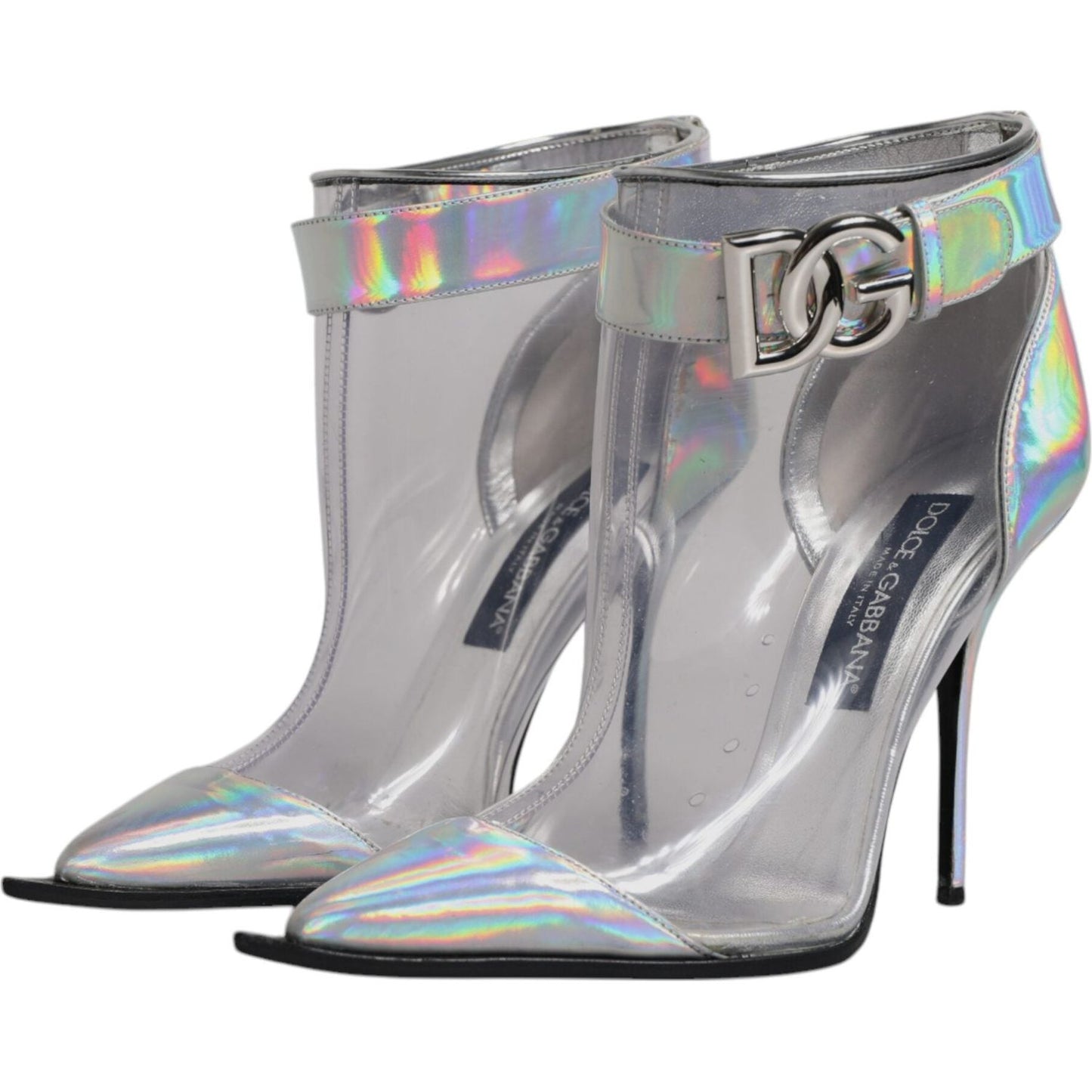 Dolce & Gabbana silver iridescent pointed short ankle boots with buckle closure, preowned, high-quality Italian design