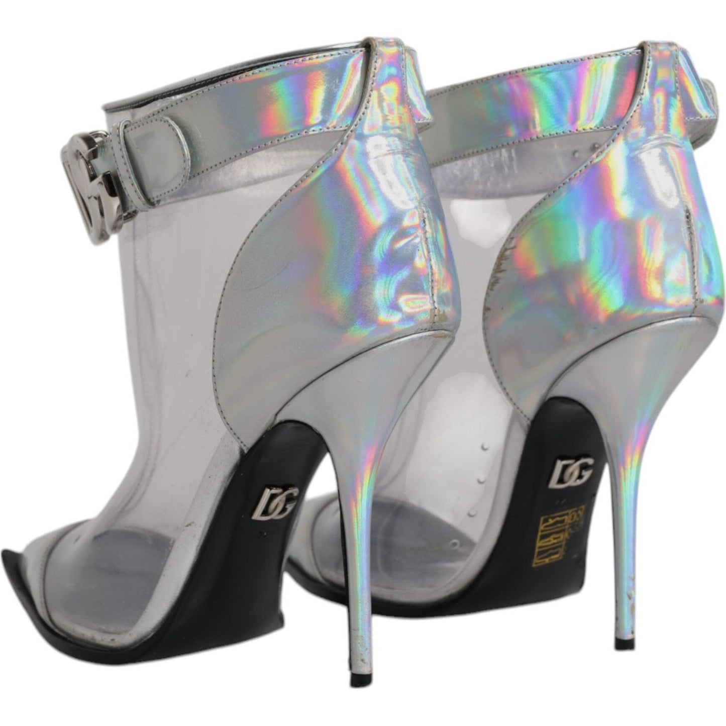 Dolce & Gabbana silver iridescent pointed ankle boots with buckle closure and logo details, featuring high quality leather soles.