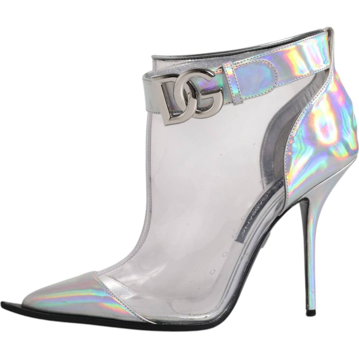 Dolce & Gabbana silver iridescent pointed ankle boots with buckle closure and logo details, high heel, preowned with scratches.