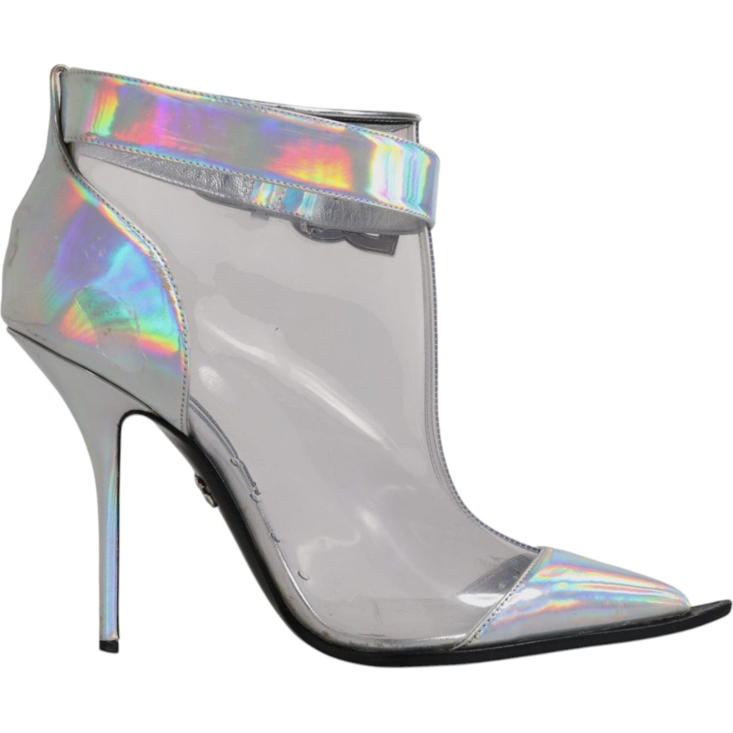 Dolce & Gabbana silver iridescent pointed short ankle boots with buckle closure, made from PVC and calf leather, showing slight wear.