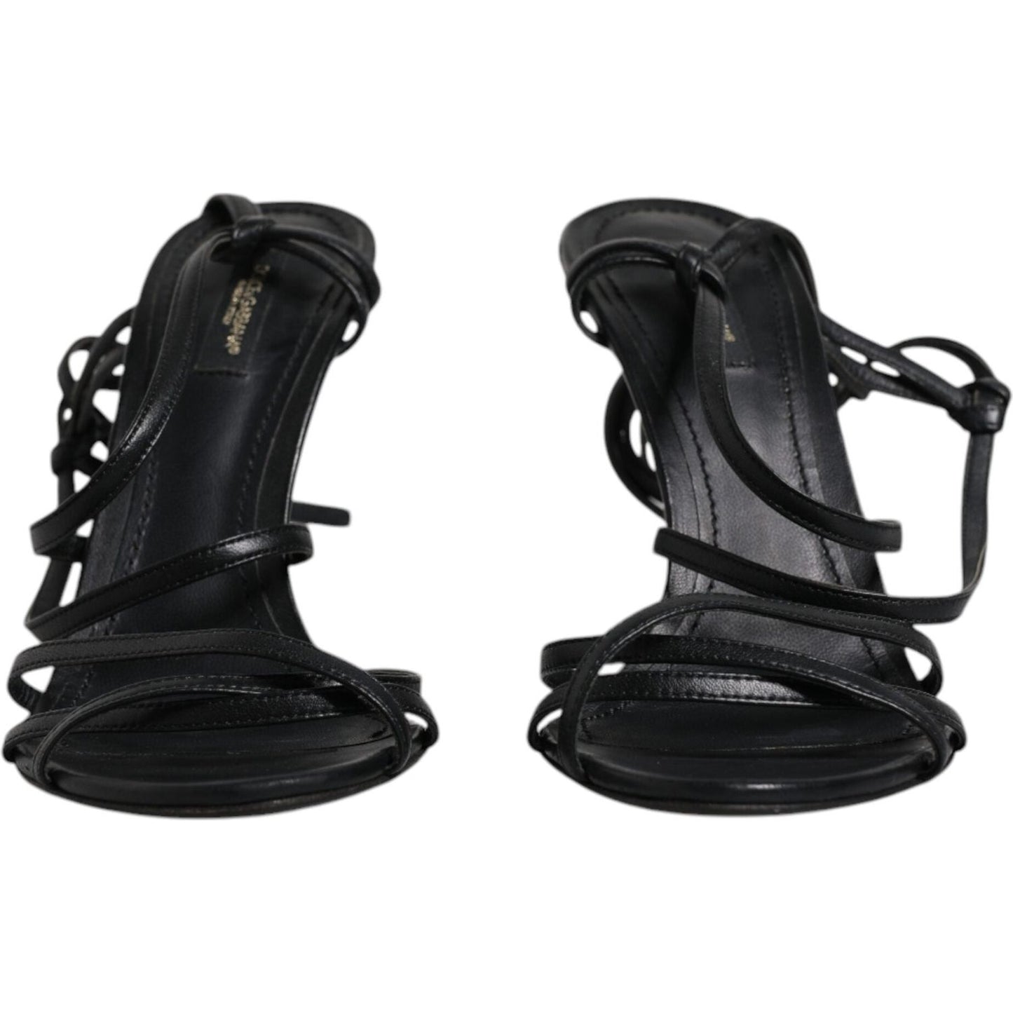 Dolce & Gabbana Keira black leather high heel sandals with tie closure and logo details, made in Italy.