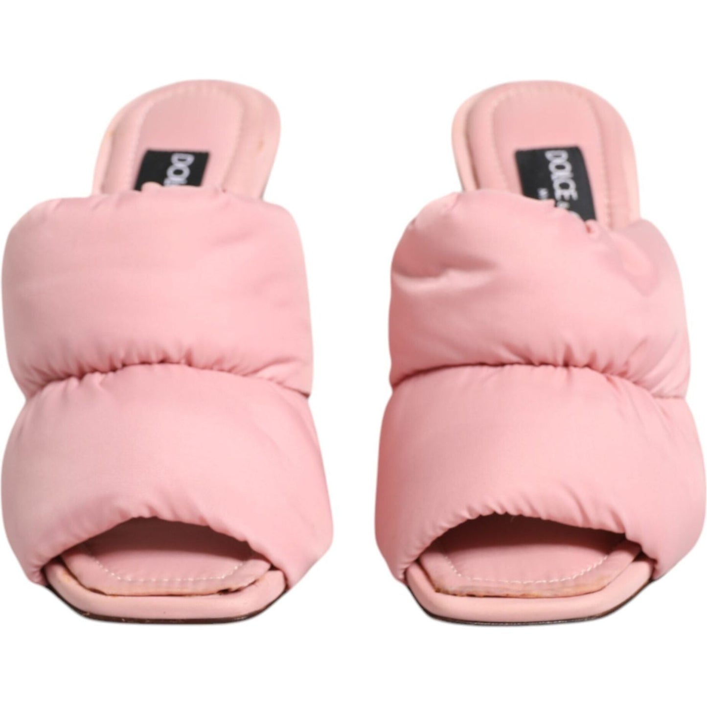 Dolce & Gabbana pink quilted DG heel slide sandals, nylon with gold hardware, luxury slip-on shoes with glue marks.
