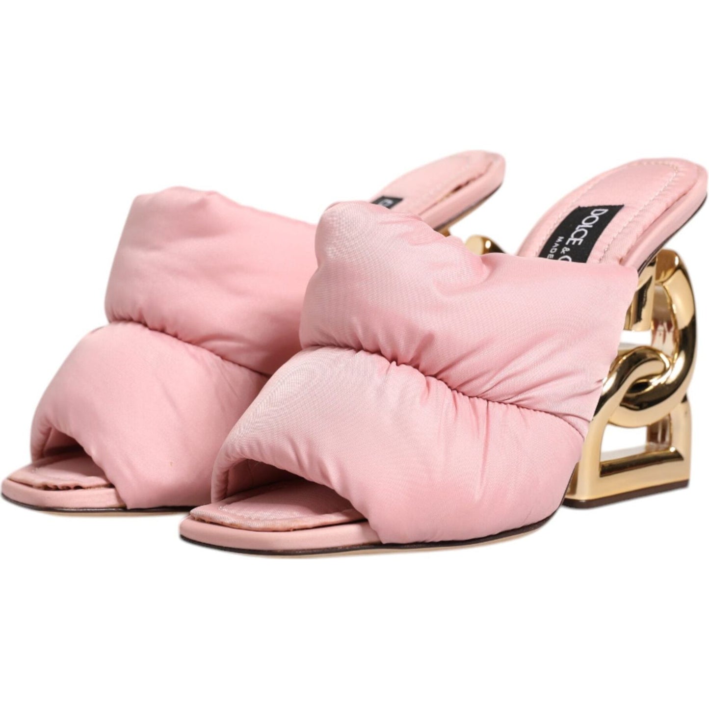 Dolce & Gabbana pink quilted DG heel slide sandals with gold-tone hardware, made from nylon, featuring logo details and leather sole.