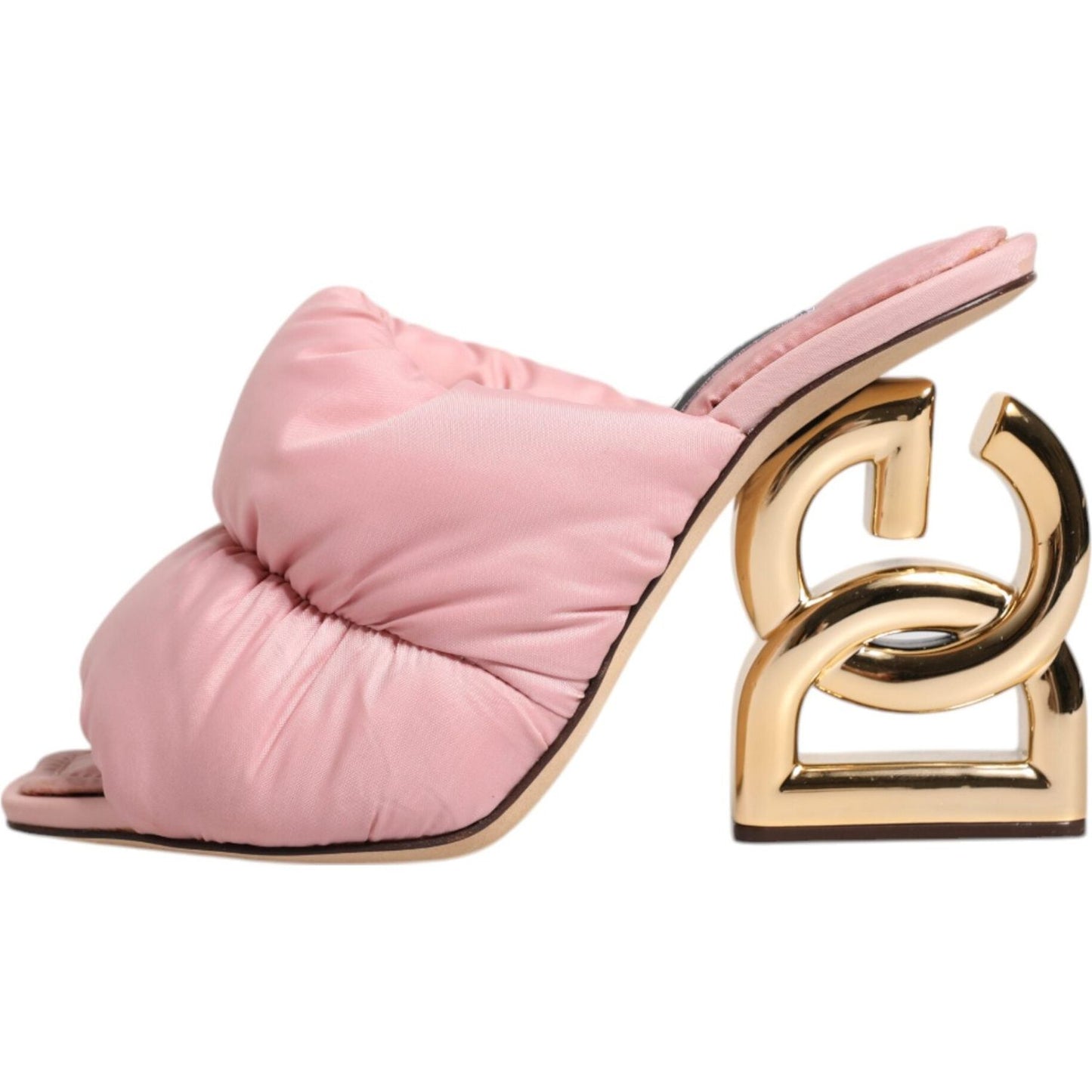 Dolce & Gabbana pink quilted DG heel slide sandals with sculpted gold heel and logo details, made in Italy