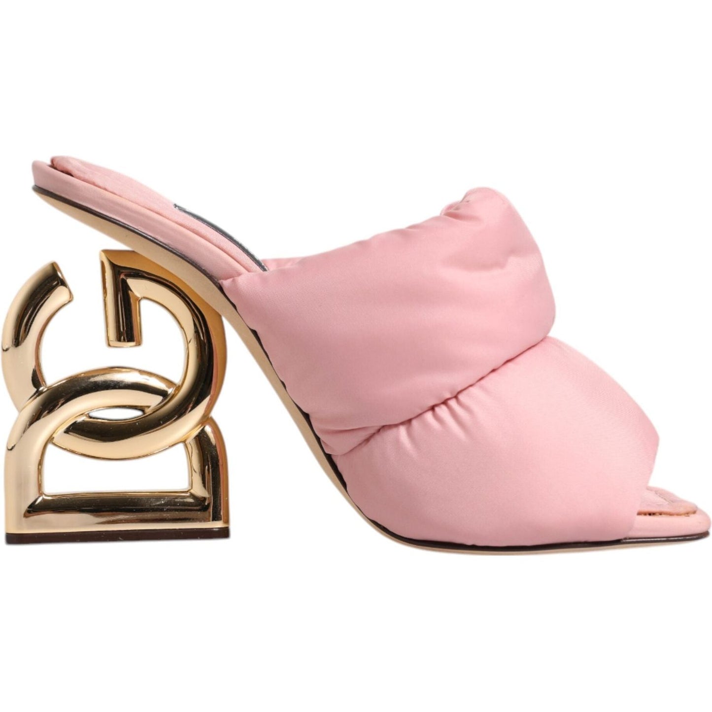 Dolce & Gabbana pink quilted DG heel slide sandal with gold-tone hardware and sculpted heel, showing side view of luxury shoe.