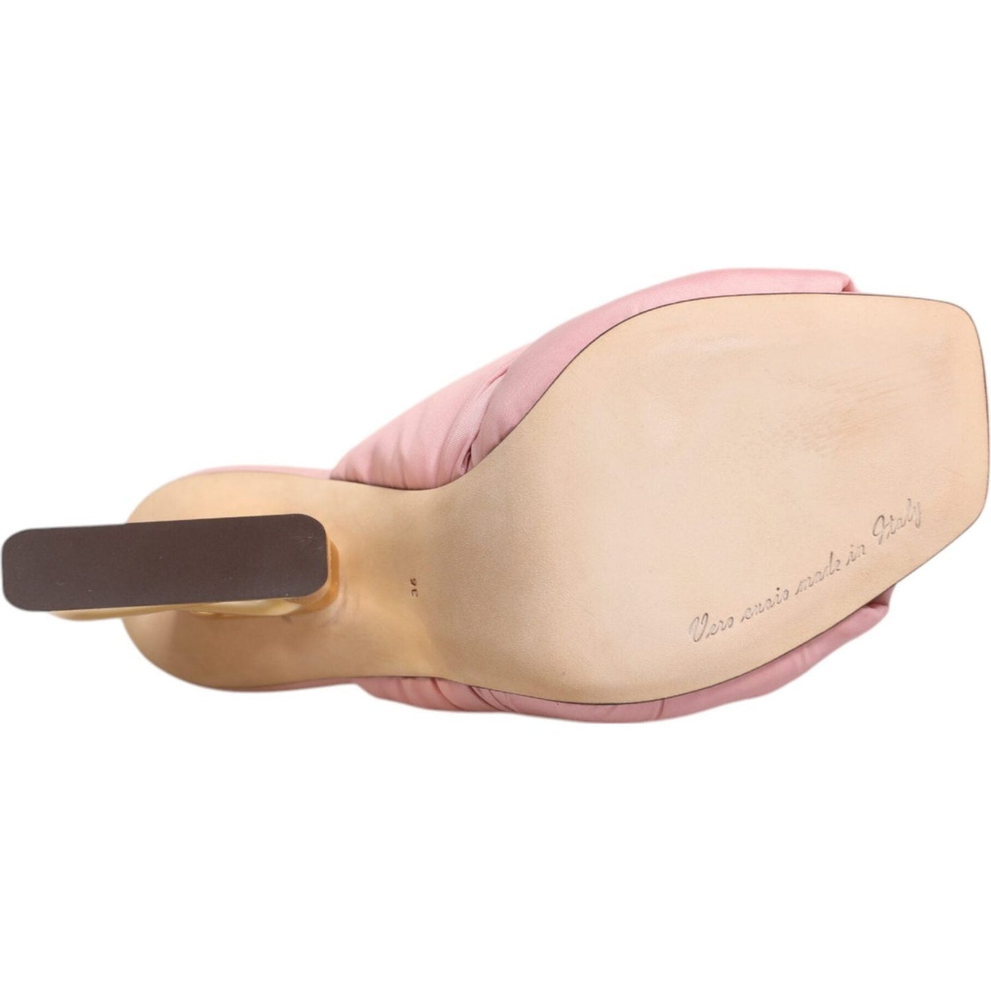 Sole view of Dolce & Gabbana Pink Quilted DG Heel Slide Sandal, displaying leather sole and 'Made in Italy' engraving, minor glue marks visible.