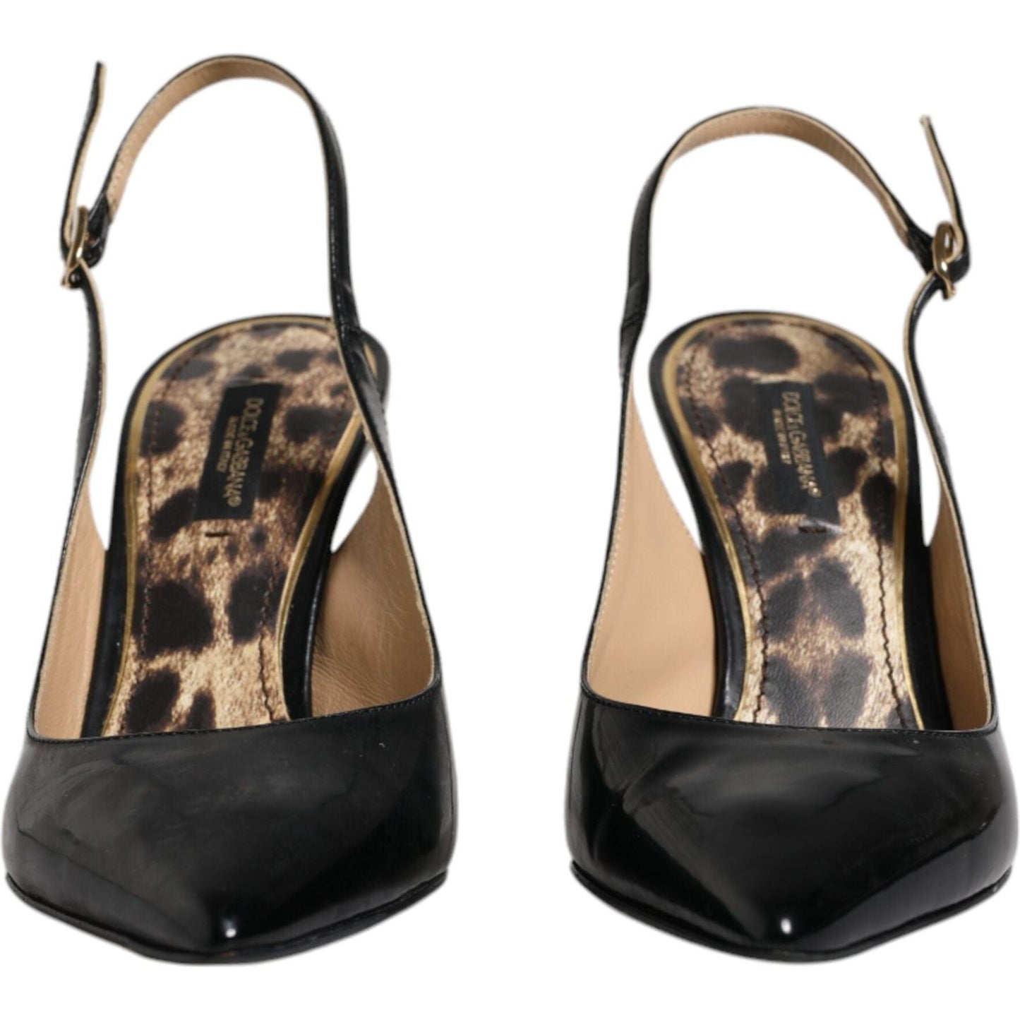 Dolce & Gabbana black leather slingback heels, leopard print insole, buckle closure, 100% leather, luxury designer shoes.