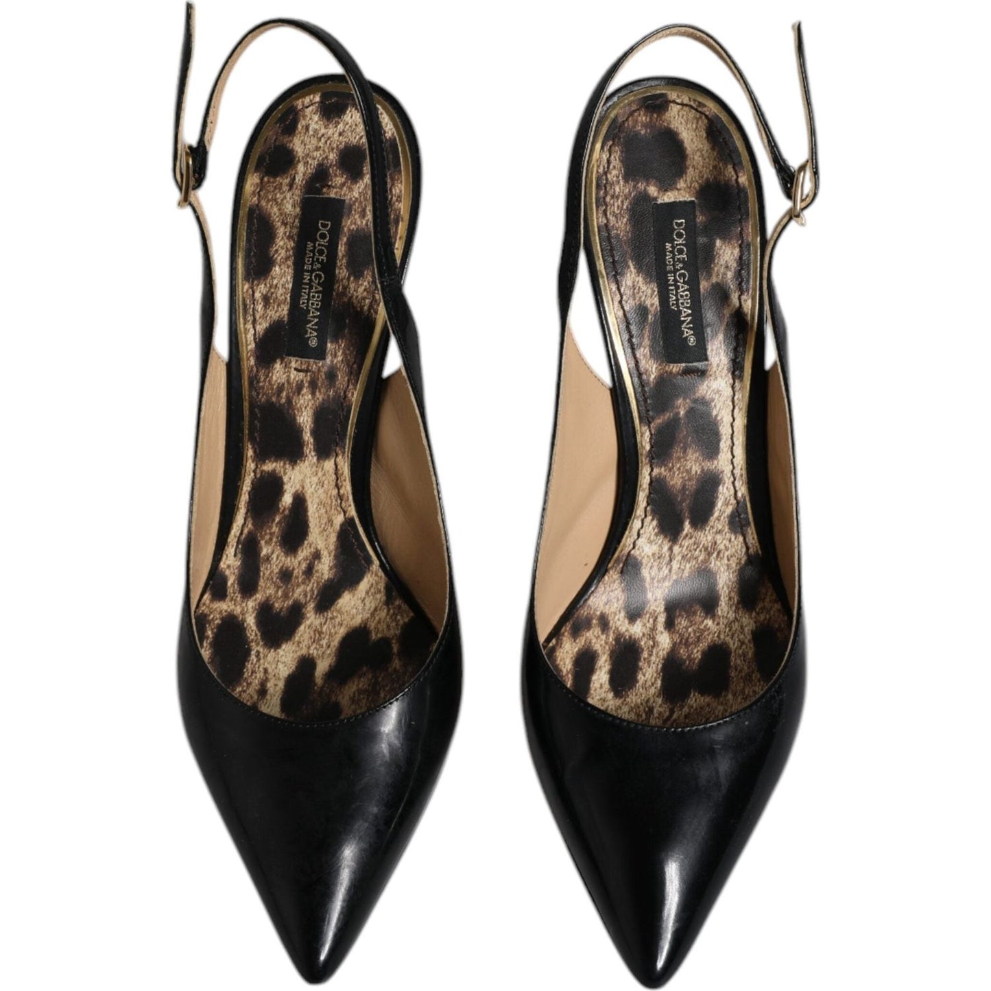 Dolce & Gabbana black leather slingback heels with animal print insole, elegant design, buckle closure, luxury fashion footwear.