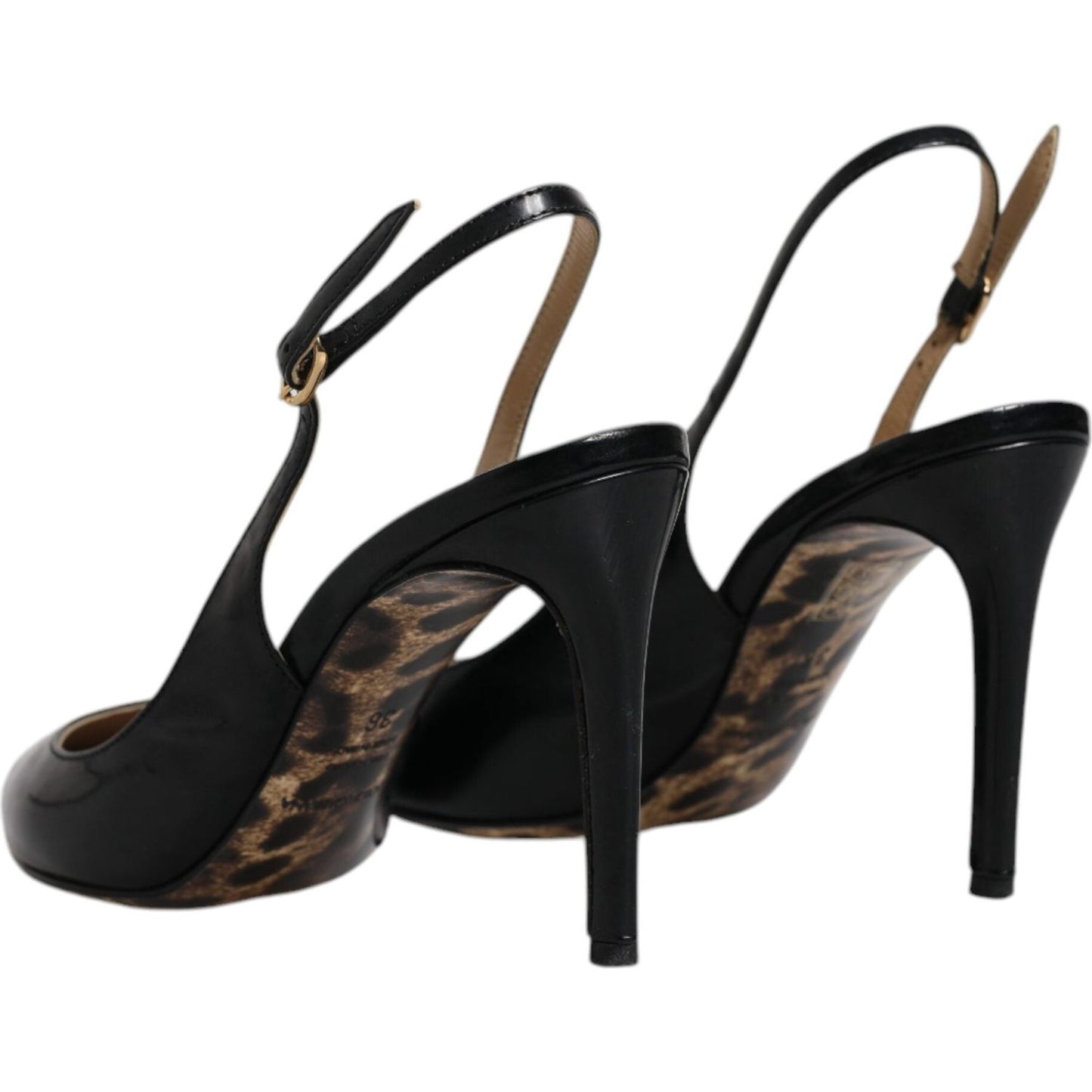 Dolce & Gabbana black leather slingback high heels with buckle and logo detail, featuring leopard print sole, made in Italy.