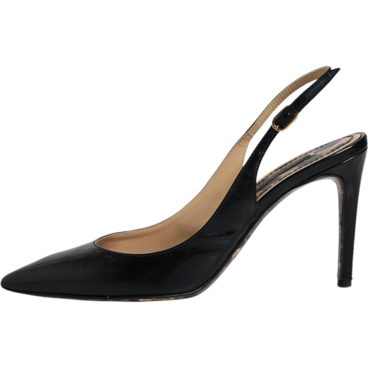 Dolce & Gabbana black leather slingback high heels with buckle closure and leather sole, slightly preowned with minor wear.
