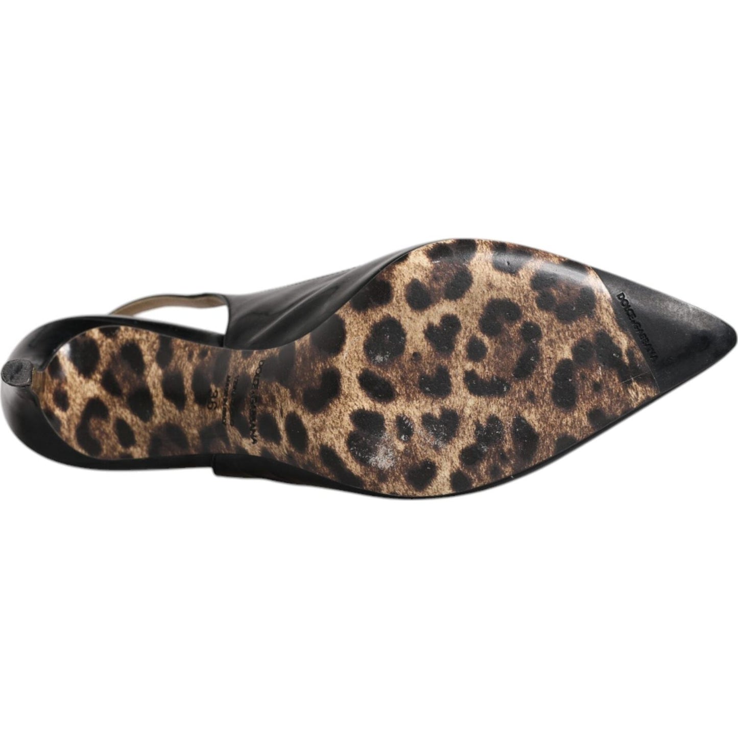 Dolce & Gabbana black leather slingback high heel shoe with leopard print sole, showing slightly preowned condition.