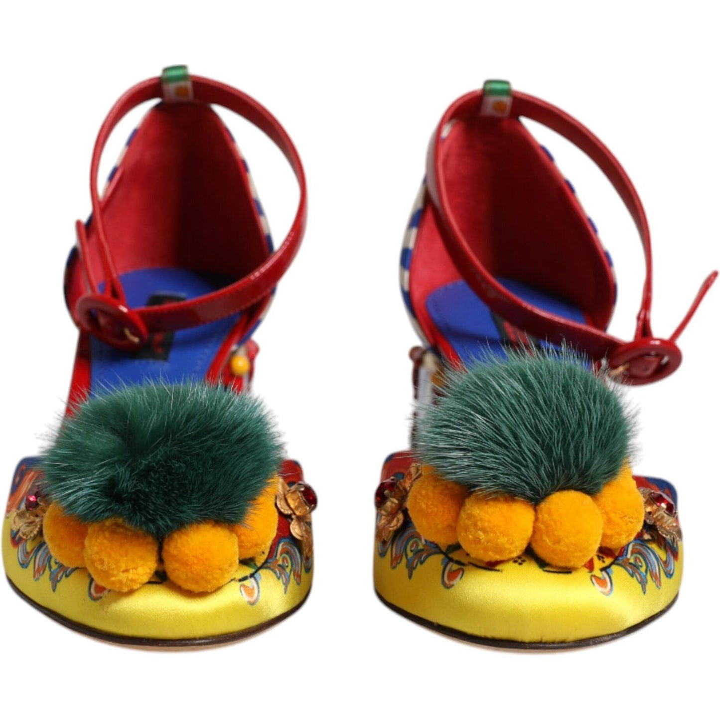 Dolce & Gabbana multicolor carretto sandals with crystal embellishments, fur accents, silk and leather material, Italian made.