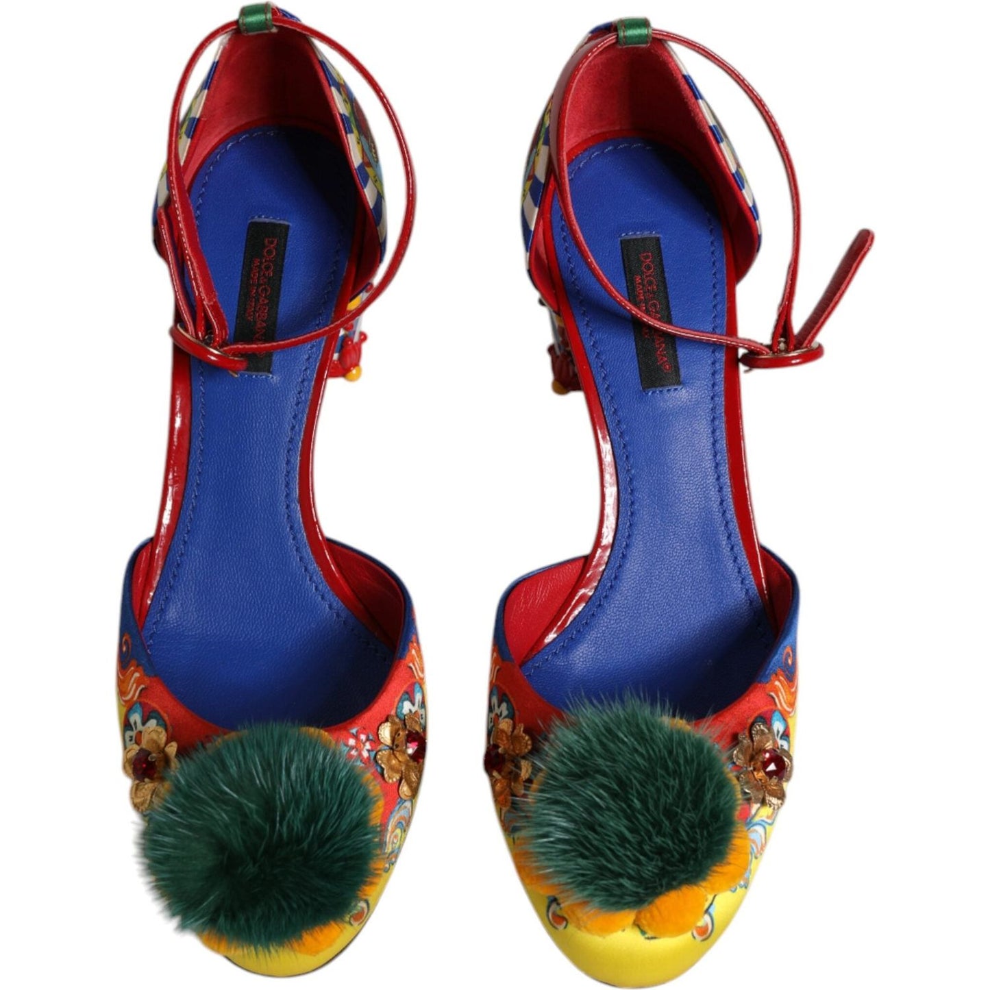 Dolce & Gabbana Multicolor Carretto Crystal Fur Sandals with pom-poms, silk and leather, vibrant pattern, luxury Italian footwear.