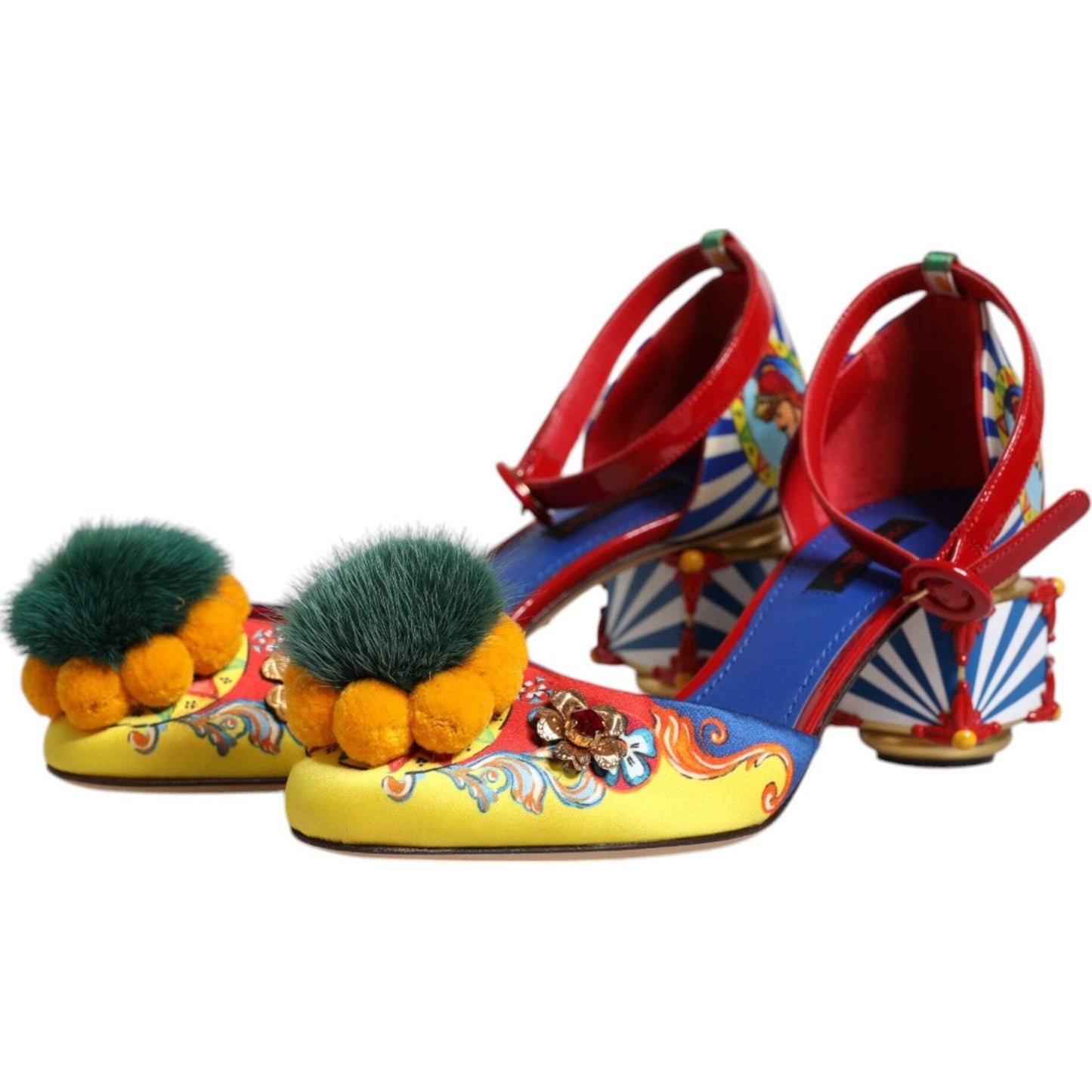 Dolce & Gabbana multicolor carretto crystal fur sandals with silk and leather, buckle closure, and logo detail. High-quality Italian design.