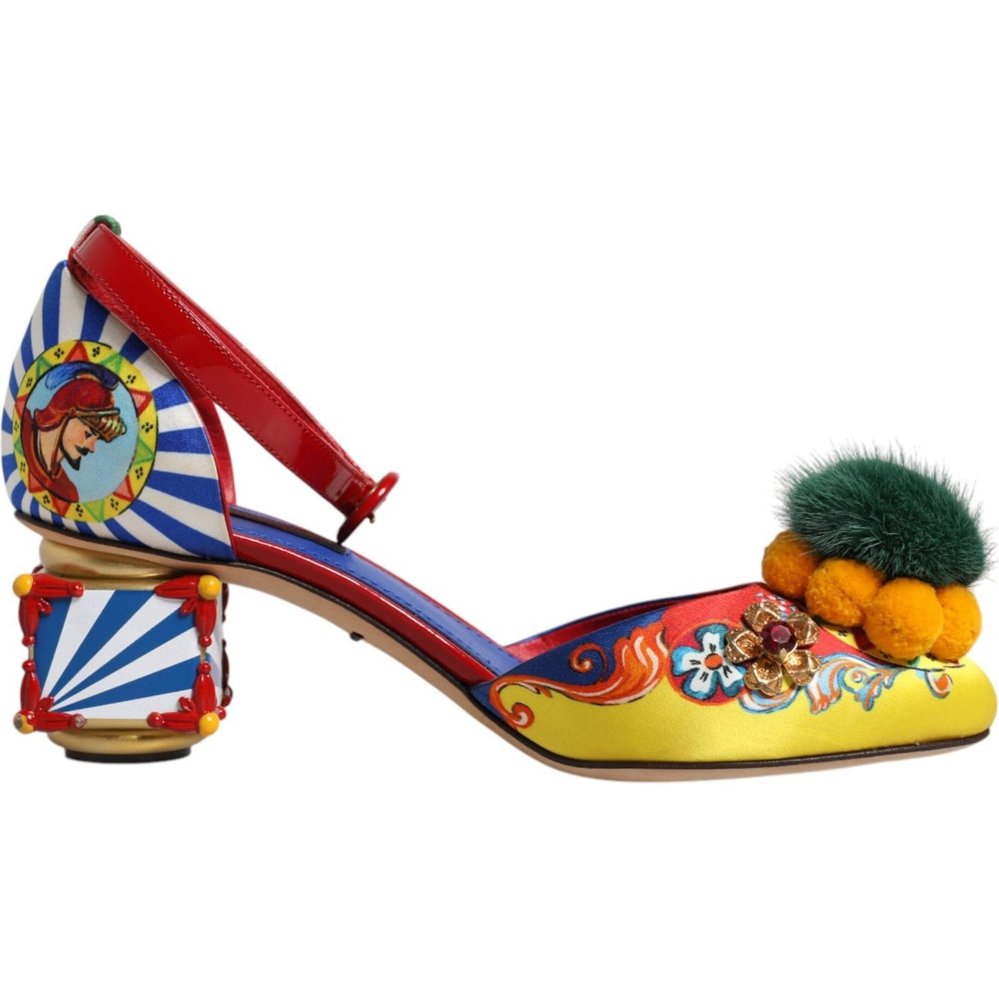 Dolce & Gabbana Multicolor Carretto Crystal Fur Sandals with silk and leather, featuring buckle closure and decorative heel, side view.