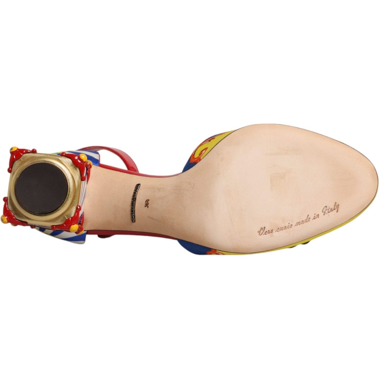 Underside view of Dolce & Gabbana multicolor carretto sandal showing sole and buckle detail