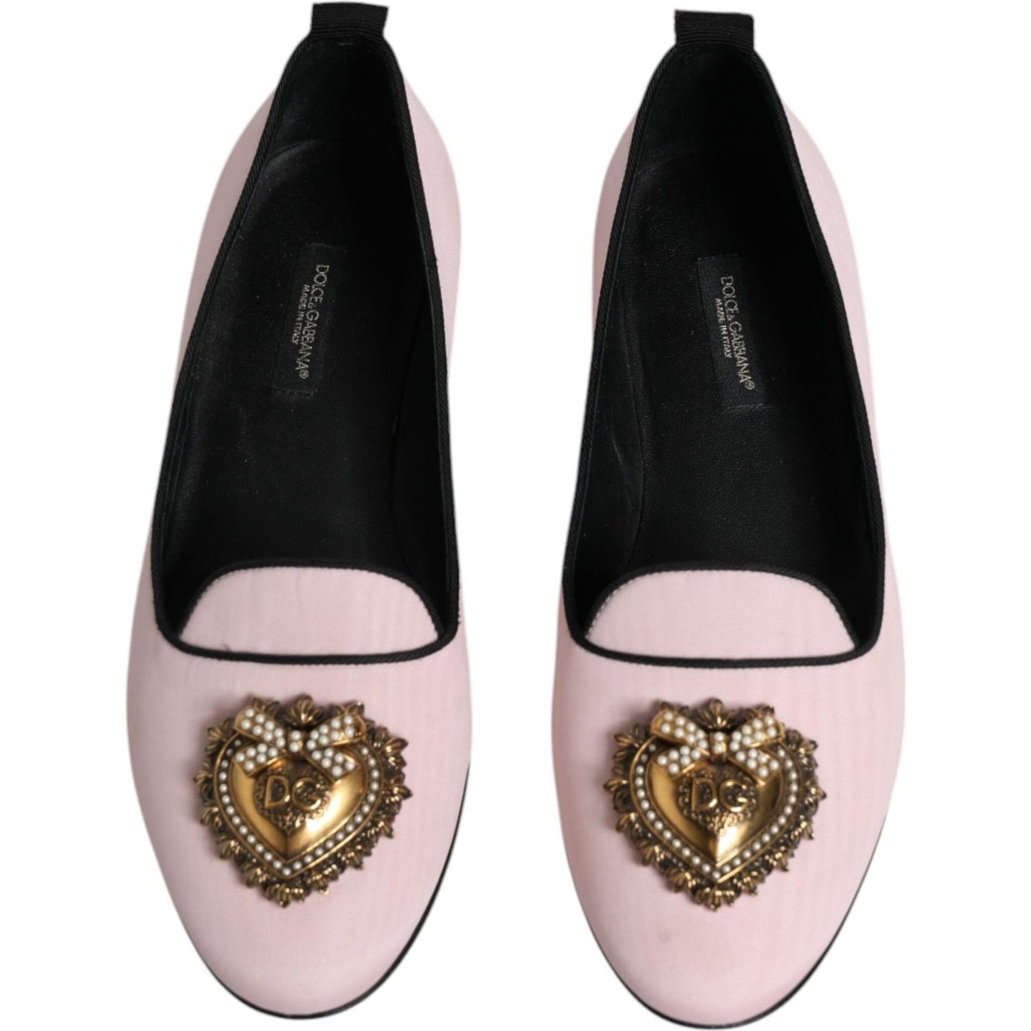 Dolce & Gabbana light pink velvet loafers with gold Devotion heart detail and leather sole, made in Italy. High quality with minor marks.