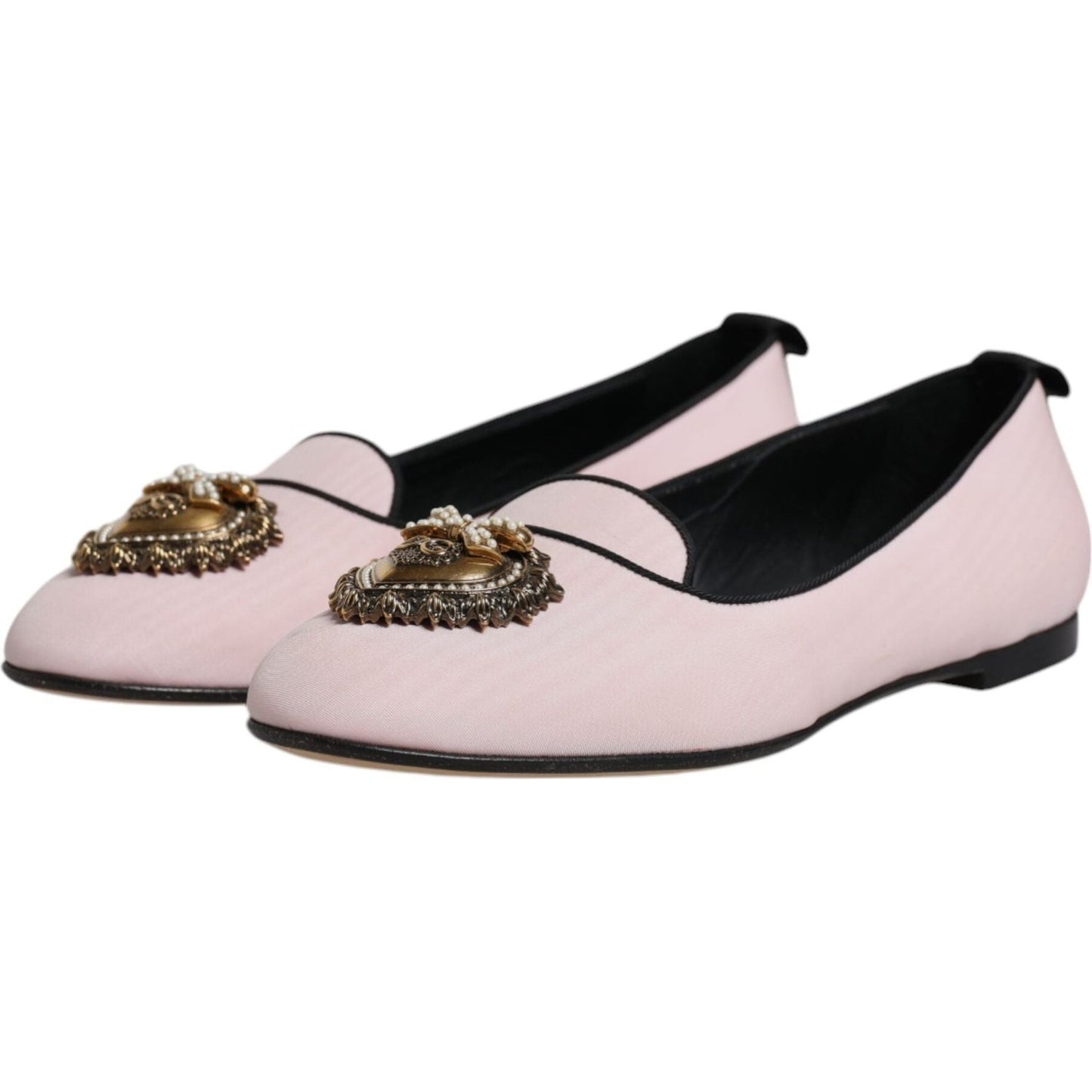 Dolce & Gabbana Light Pink Velvet Loafers with Gold Devotion Heart Detail, 100% Authentic, High Quality and Comfortable, Made in Italy.