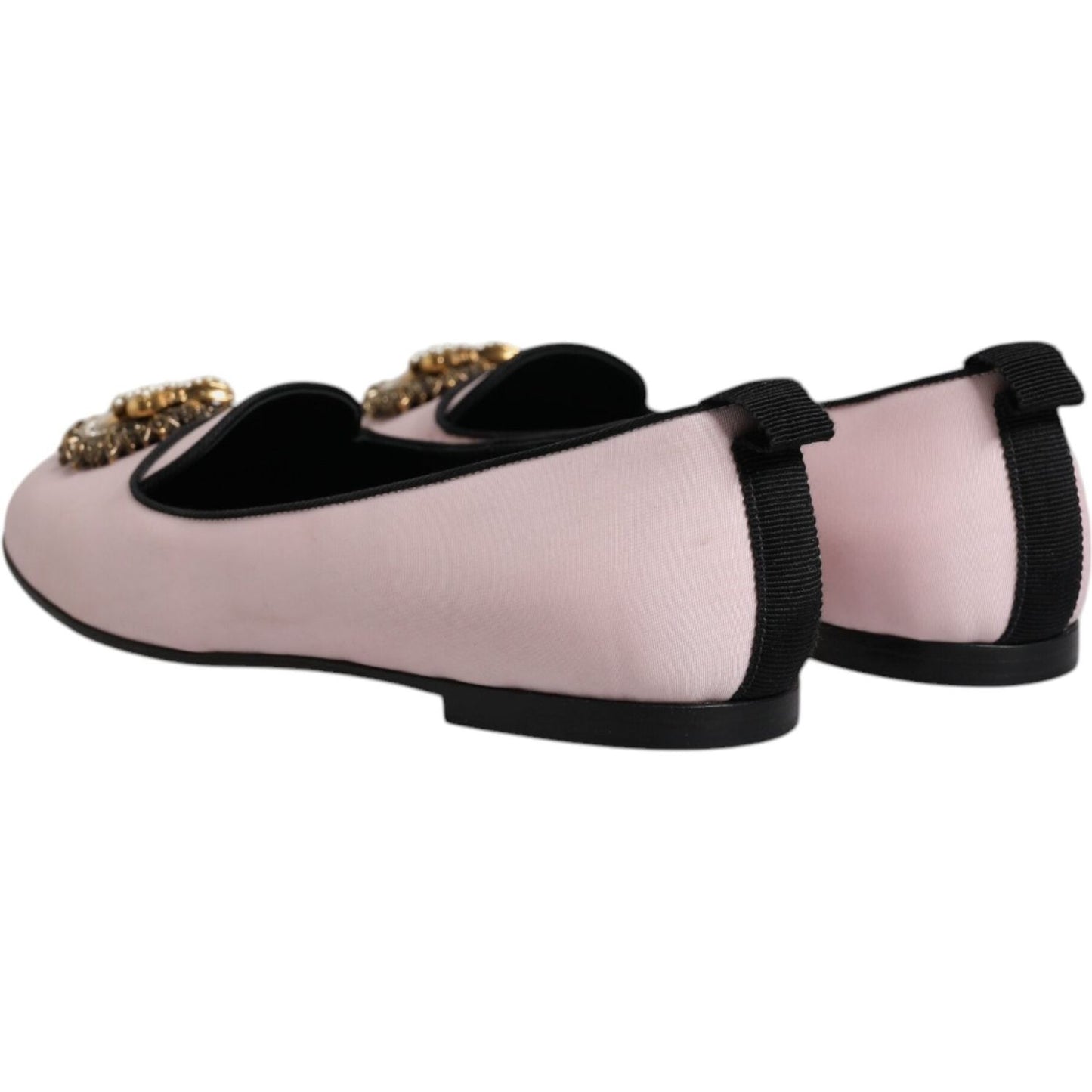 Dolce & Gabbana light pink velvet loafers with gold heart detail, made in Italy. Features minor marks. High-quality silk blend shoes.