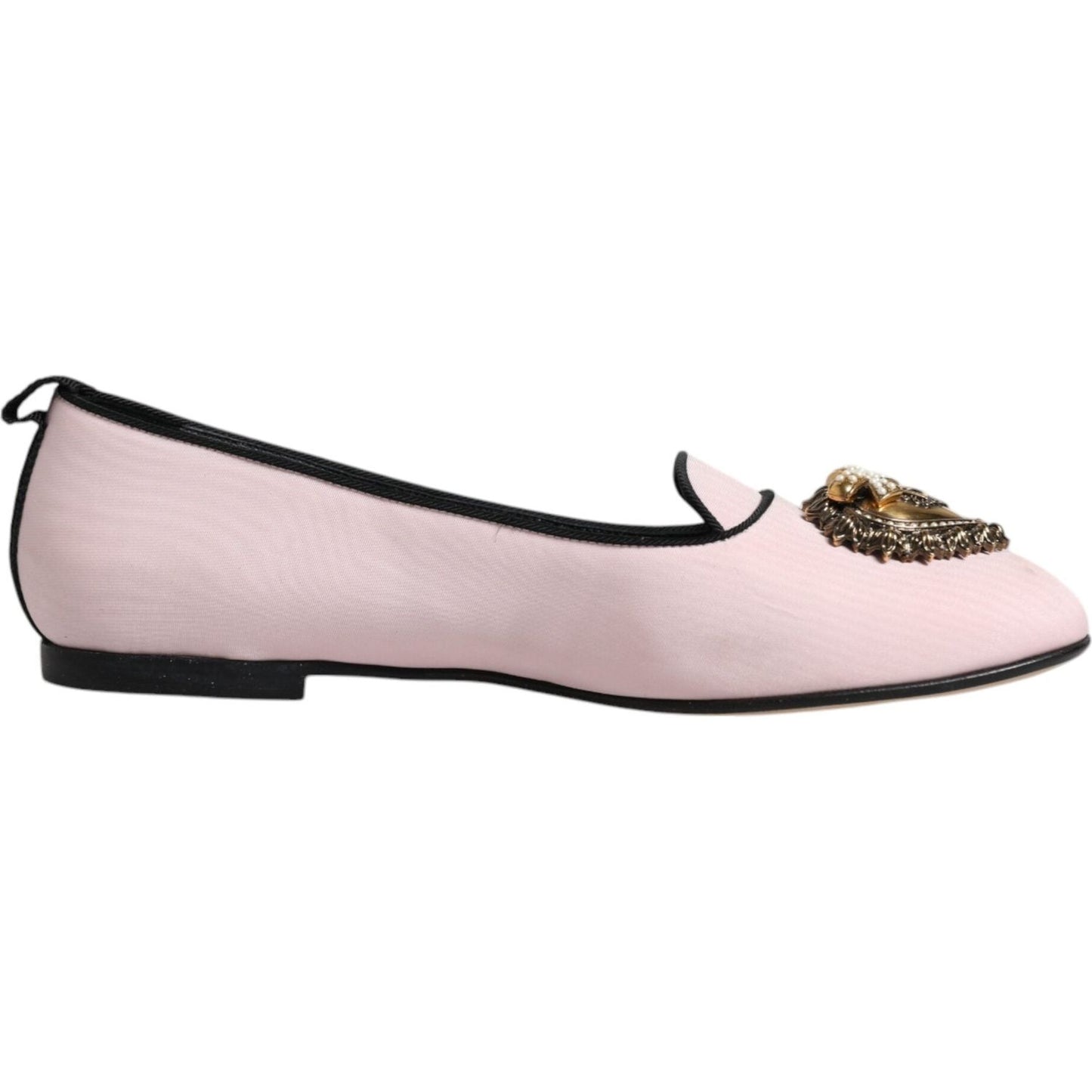 Light pink Dolce & Gabbana velvet slip-on loafers with gold devotion heart detail, made in Italy, side view.