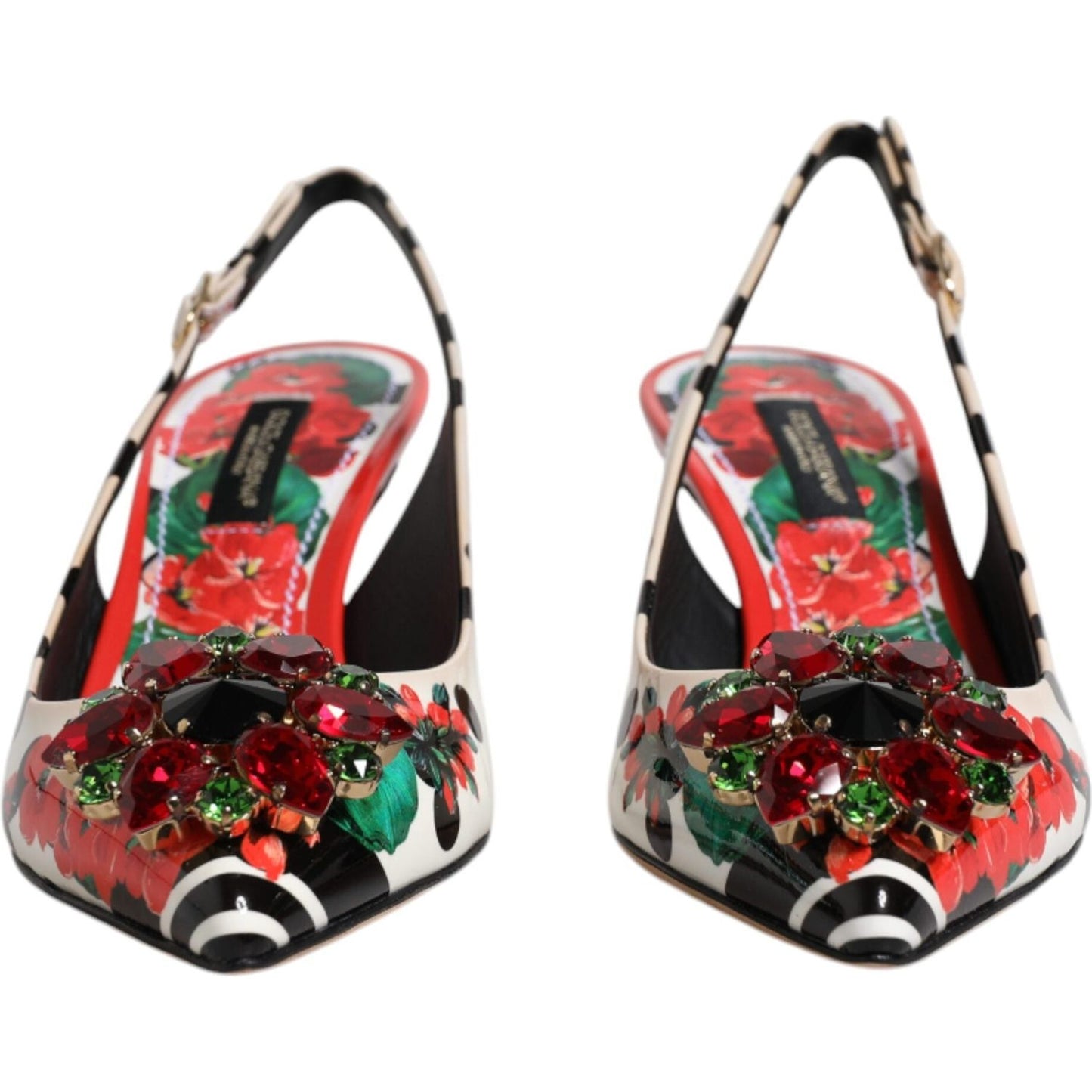 Dolce & Gabbana multicolor leather slingback heels with floral print and crystal embellishments, luxurious Italian design.