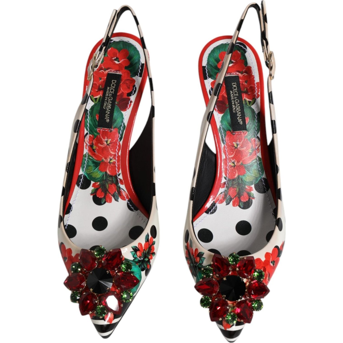 Dolce & Gabbana multicolor leather slingback heels with polka dots, floral print, and crystal embellishments.