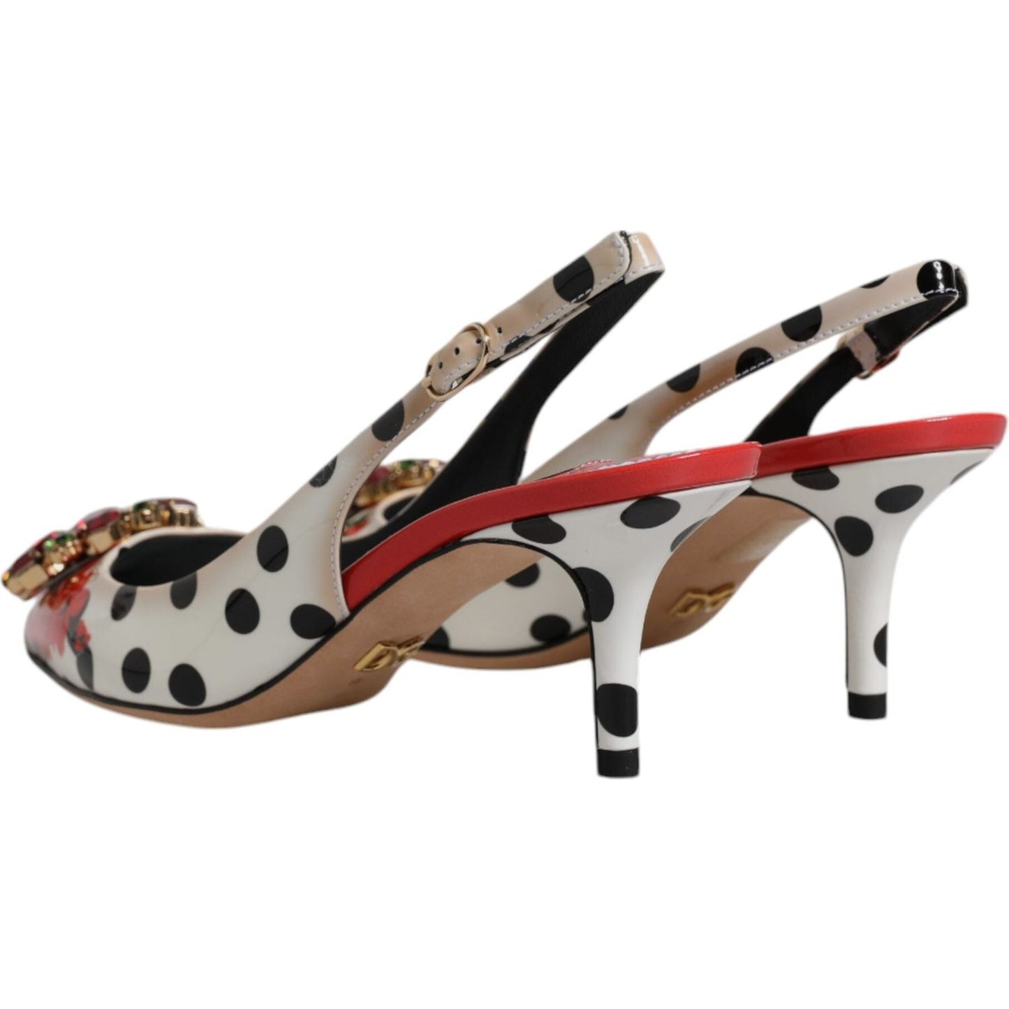 Dolce & Gabbana multicolor leather slingback heels with polka dots and crystal embellishments, featuring buckle closure and a high-quality sole.