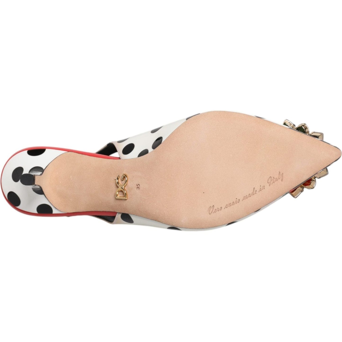 Bottom view of Dolce & Gabbana polka dot leather slingback heel with crystal embellishments, showcasing logo and craftsmanship details.