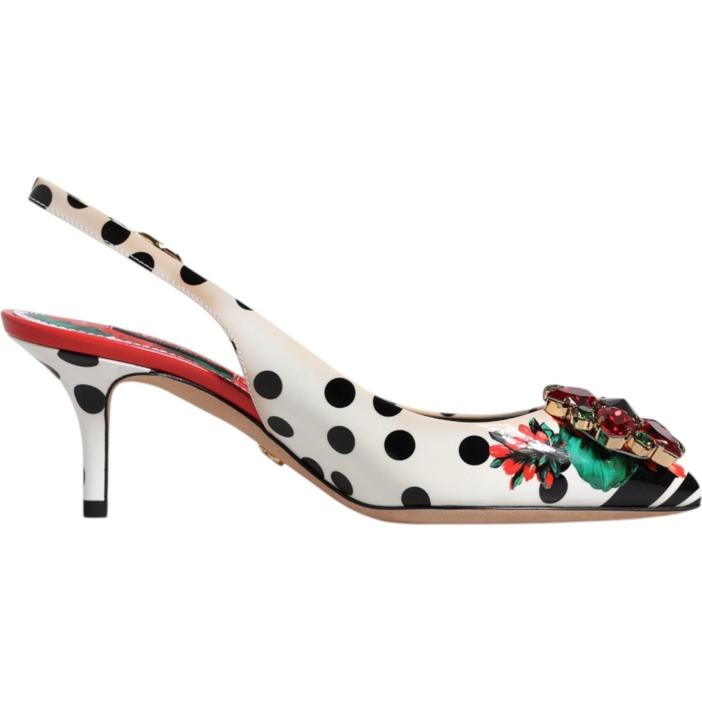 Dolce & Gabbana multicolor leather slingback heels with polka dots, floral print, and crystal embellishments, side view.