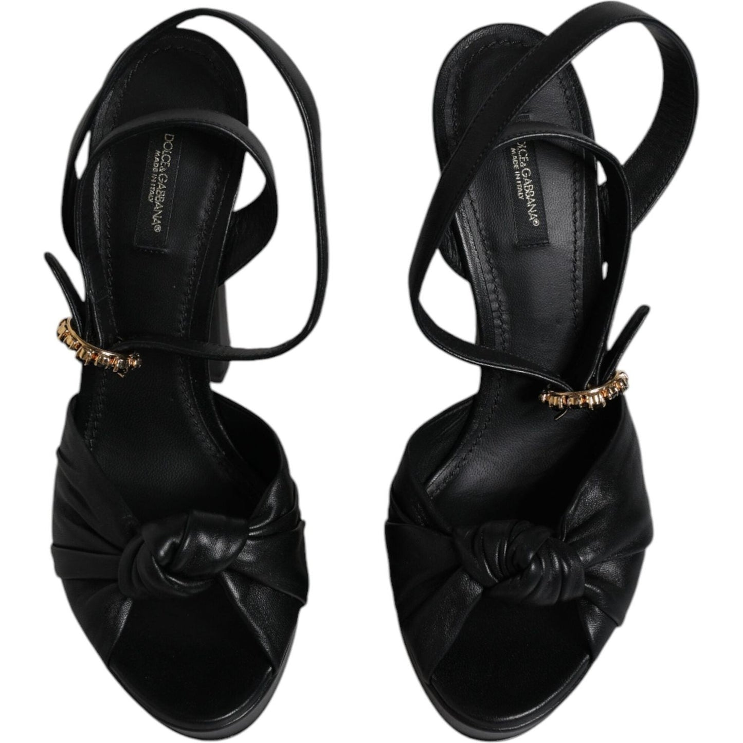 Dolce & Gabbana black leather platform heels sandals, ankle strap, buckle closure, lamb leather, logo details, made in Italy