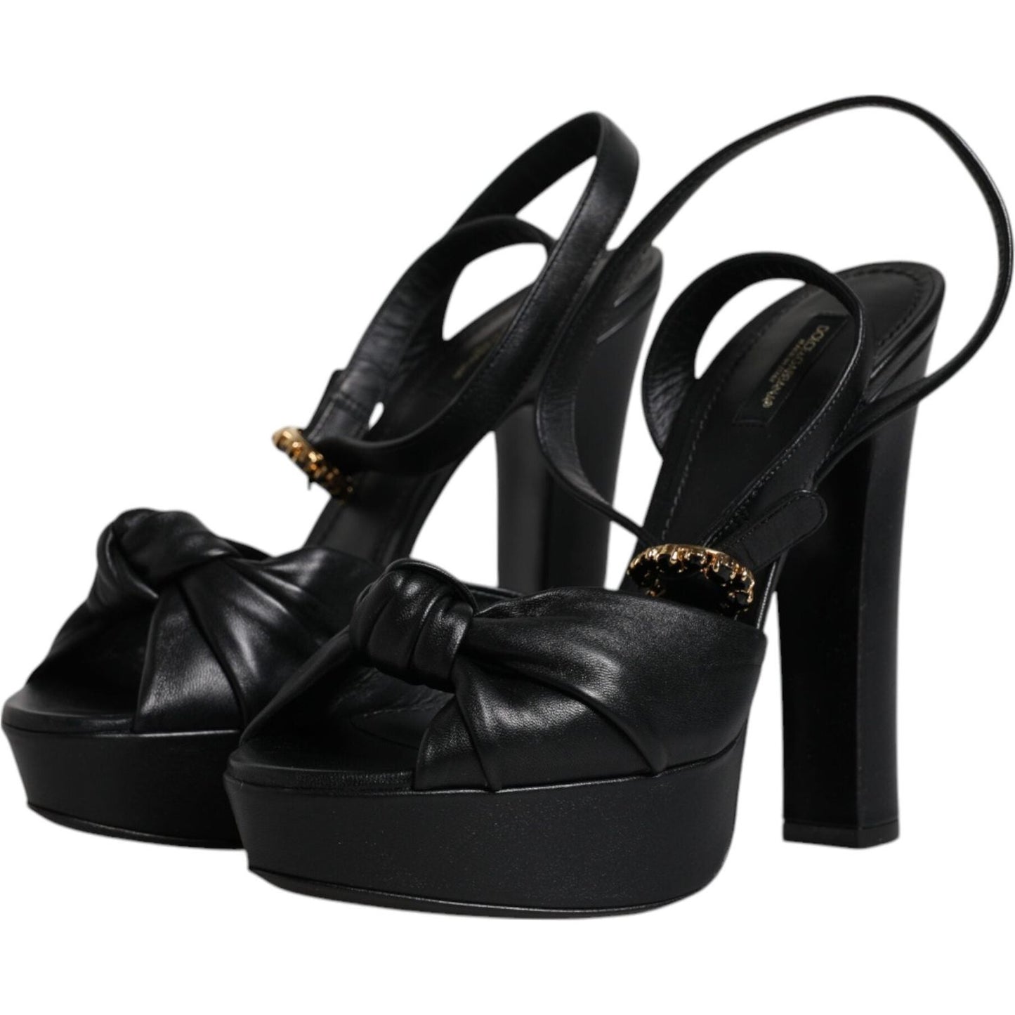 Dolce & Gabbana black leather platform heels sandals with ankle strap and gold buckle detail, luxury Italian footwear