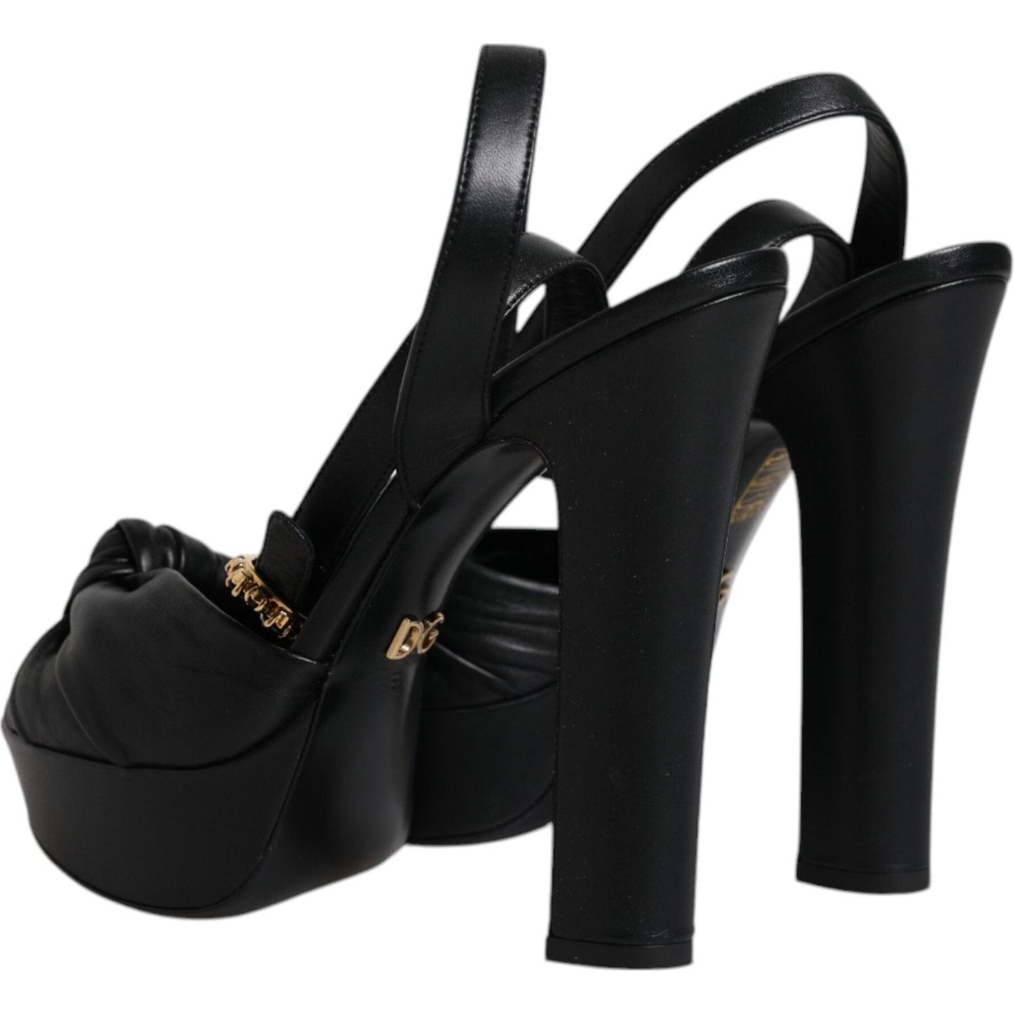 Dolce & Gabbana black leather platform heel sandals with ankle strap and logo detail, high-quality made in Italy, elegant footwear.