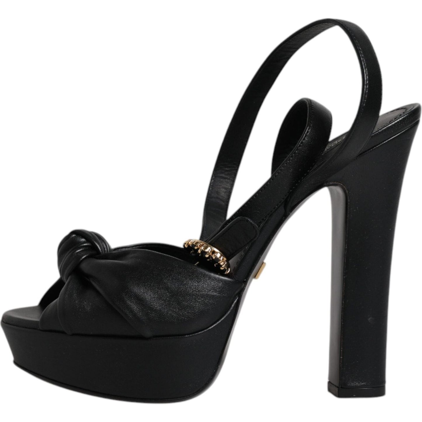 Dolce & Gabbana black leather platform heels sandals featuring ankle strap and buckle closure, made in Italy.