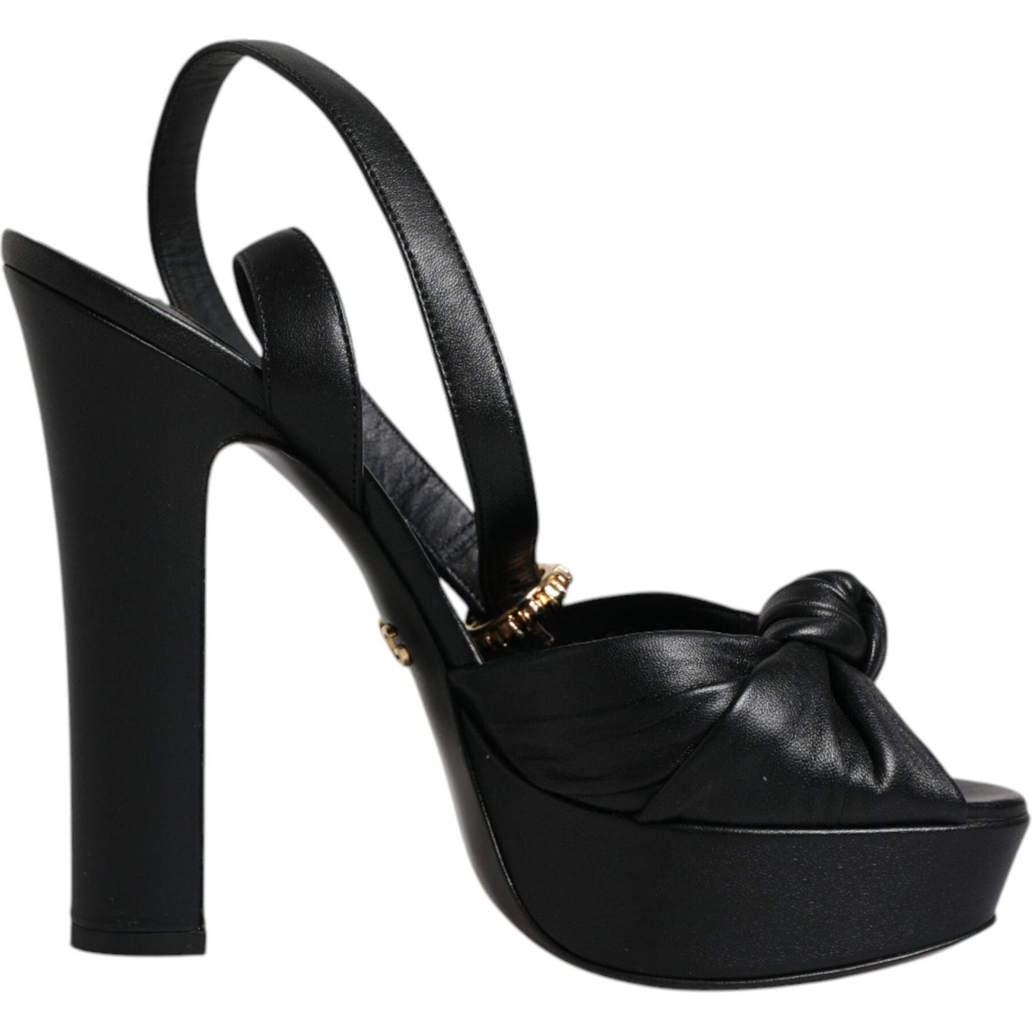 Dolce & Gabbana black leather platform heels sandals with ankle strap and buckle closure, featuring gold logo details.