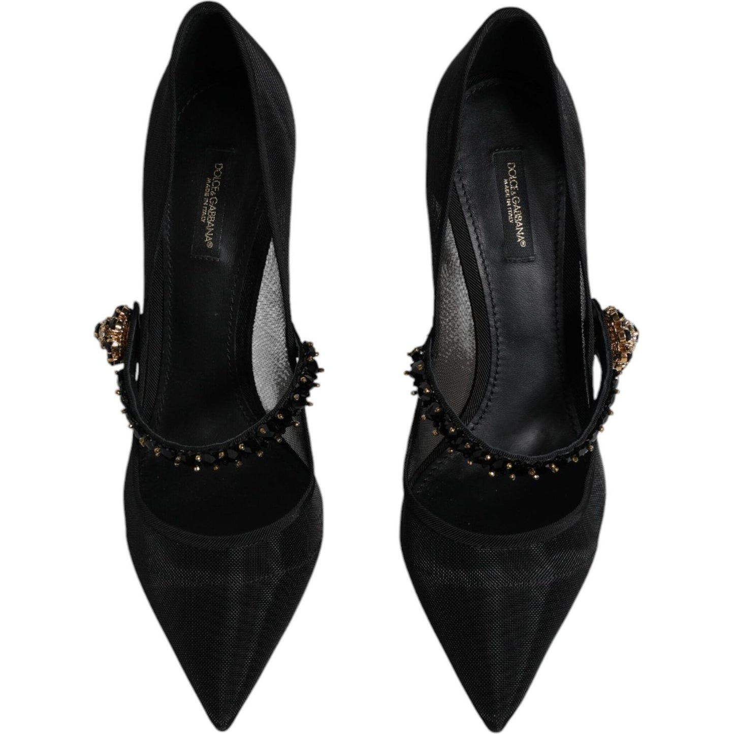 Dolce & Gabbana black mesh Mary Jane crystal heel pumps with pointed toe and embellishments, top view