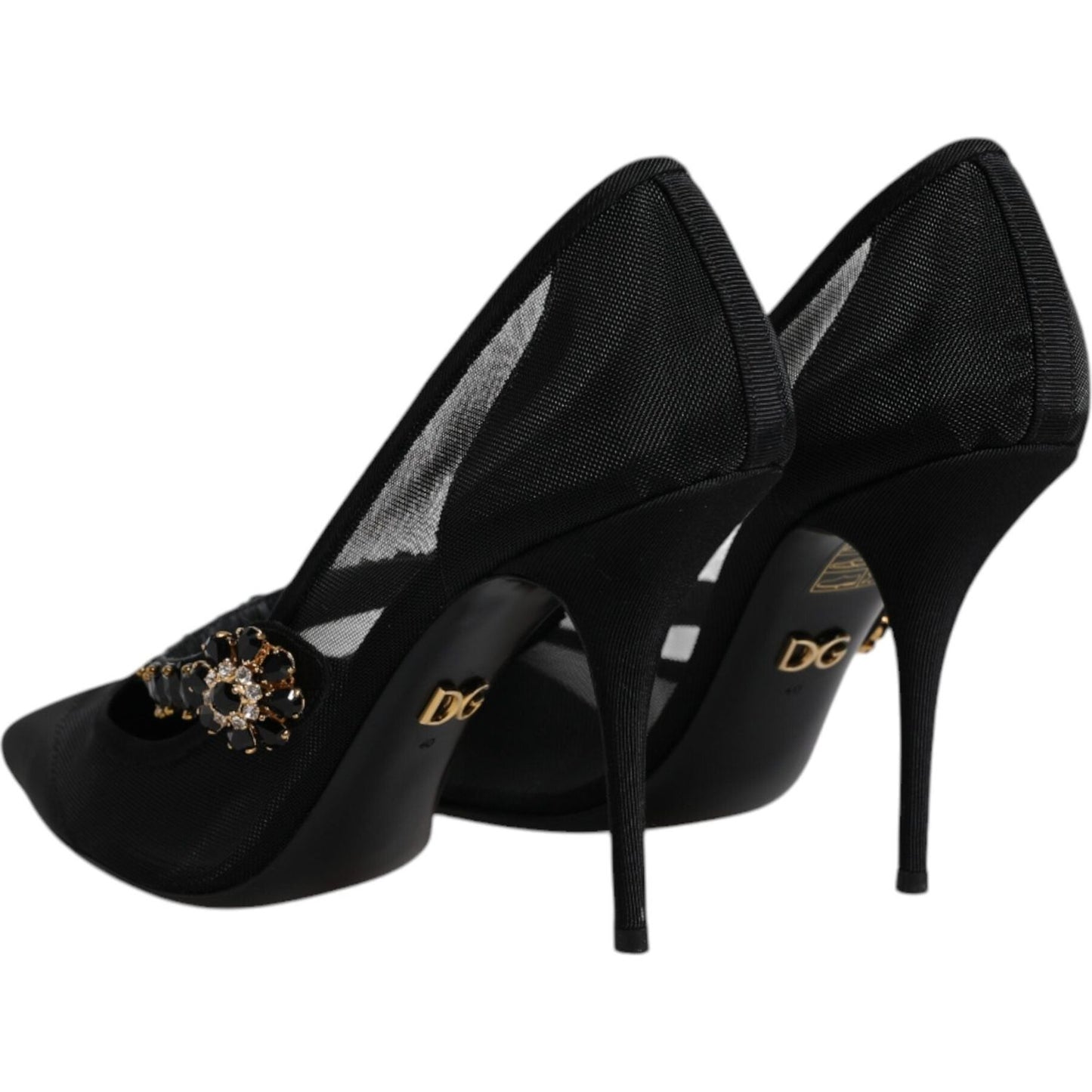 Dolce & Gabbana Black Mesh Mary Jane Pumps with Crystal Heels, featuring high stiletto and logo detail, made in Italy