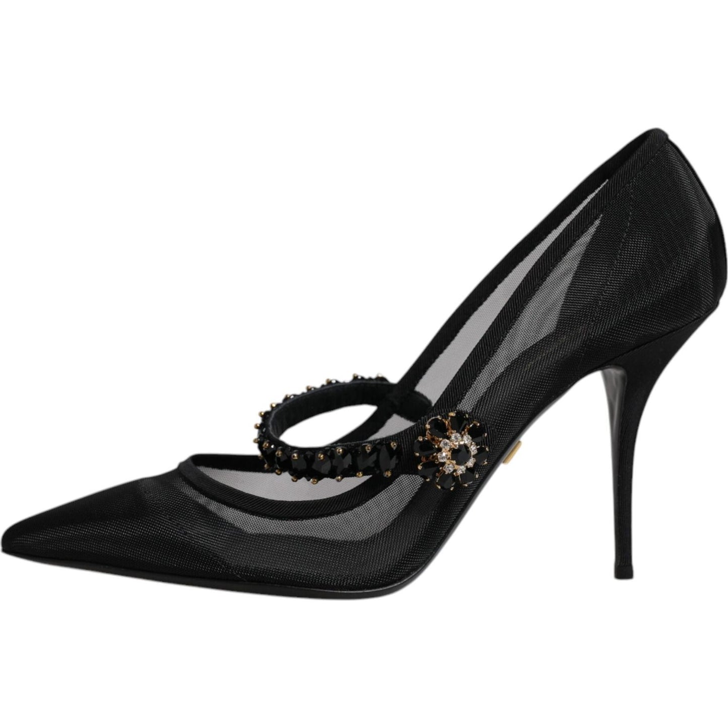 Dolce & Gabbana black mesh Mary Jane crystal heel pump with stiletto, pointed toe, and embellished strap. High-quality Italian design.