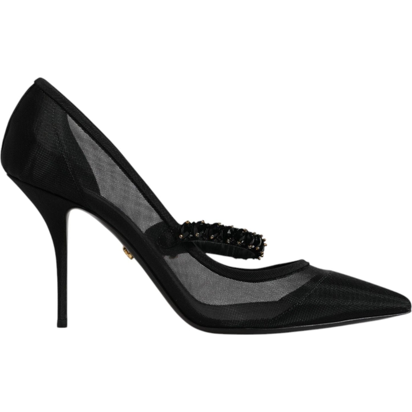 Dolce & Gabbana black mesh Mary Jane crystal heel pumps with pointed toe and stiletto heel, featuring logo details, high quality, made in Italy.
