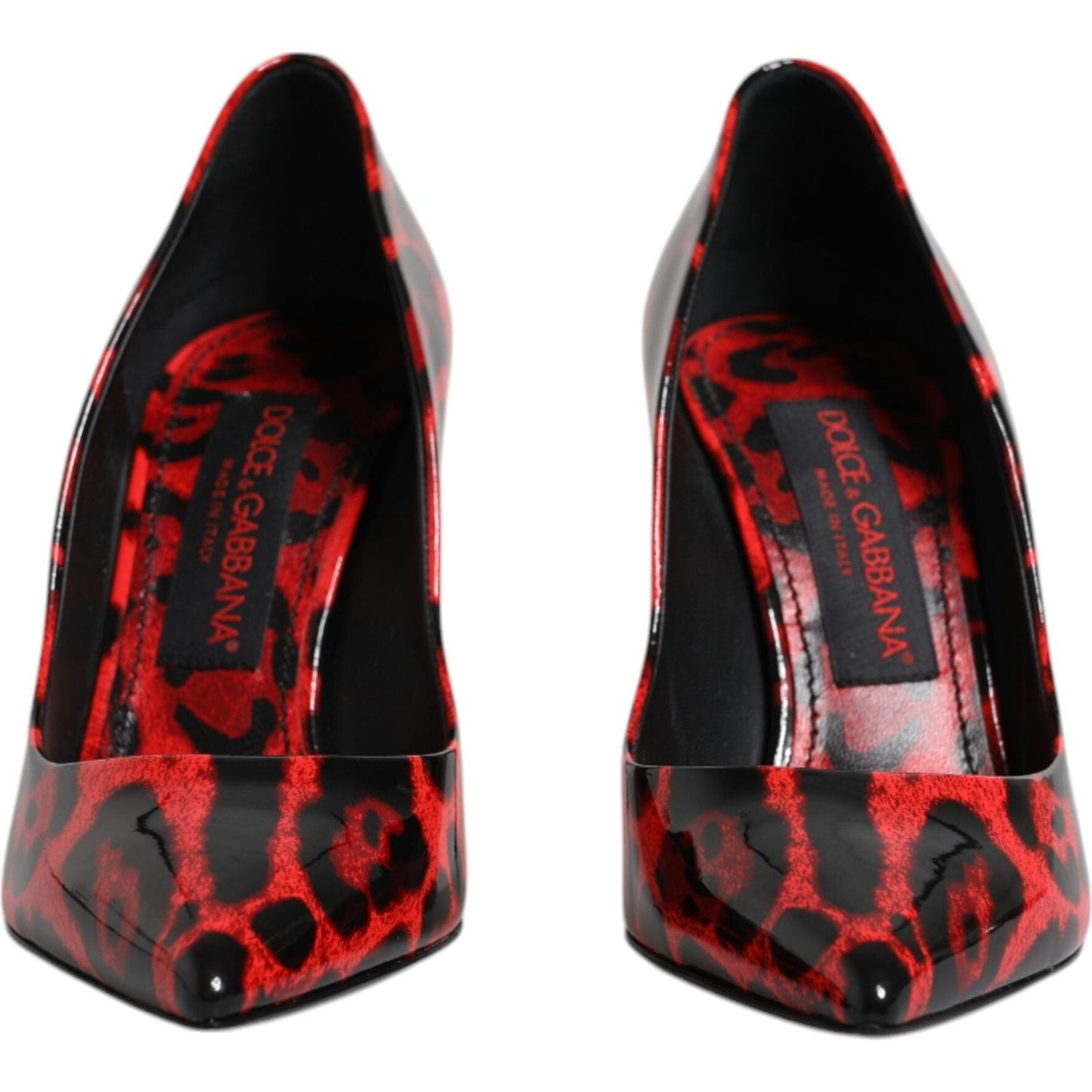 Dolce & Gabbana red leopard leather stiletto heels, calf leather, luxury high heel pumps, made in Italy, seamless finish.