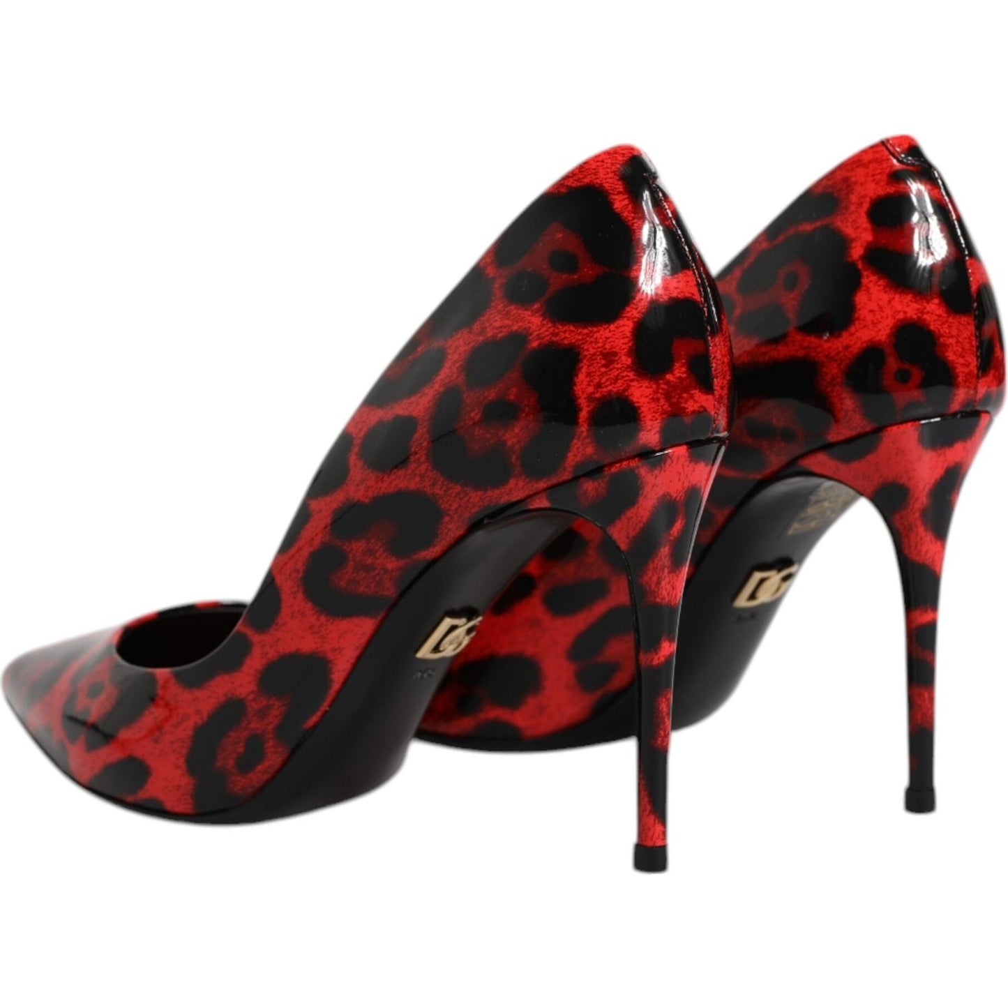 Dolce & Gabbana red leopard print leather stiletto pumps, featuring elegant pointed toe design and high heels, side rear view.